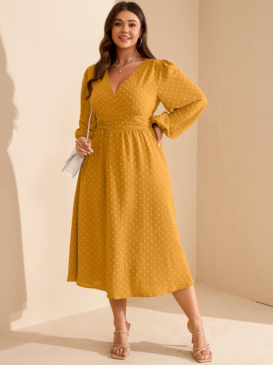 RWJ Women's Plus Size Fall Wedding Guest Dress Wrap V Neck Swiss Dot Lantern Long Sleeve Swing Boho Casual Dresses - Image 4
