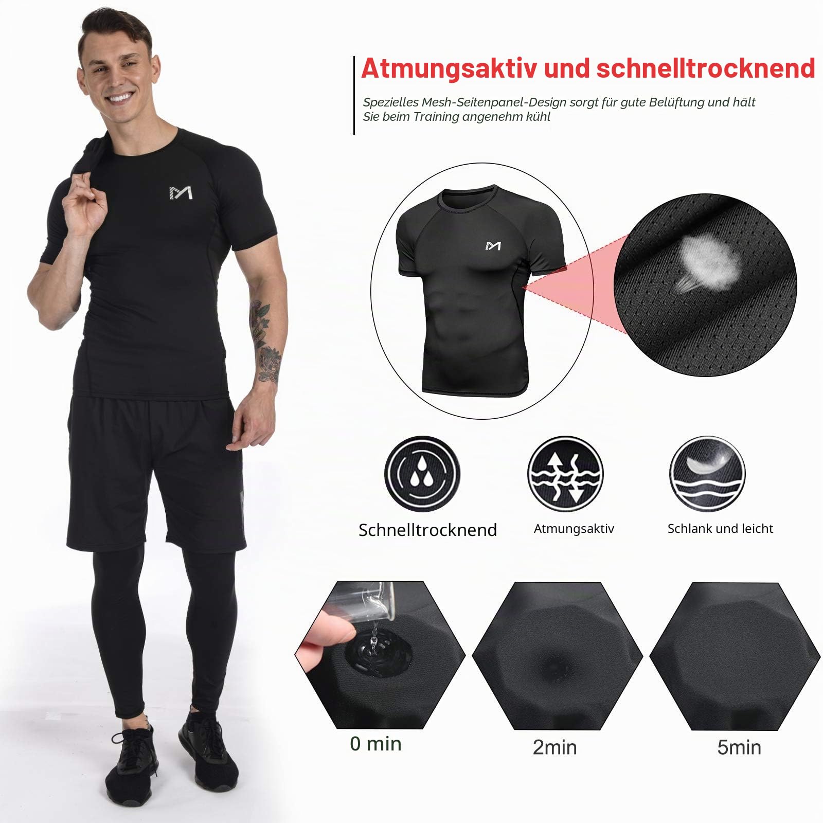 MEETYOO Kompressionsshirt Herren, Leggings Sport Laufhose Funktionsshirt Männer Kompressionshose Funktionswäsche für Running Gym Fitness