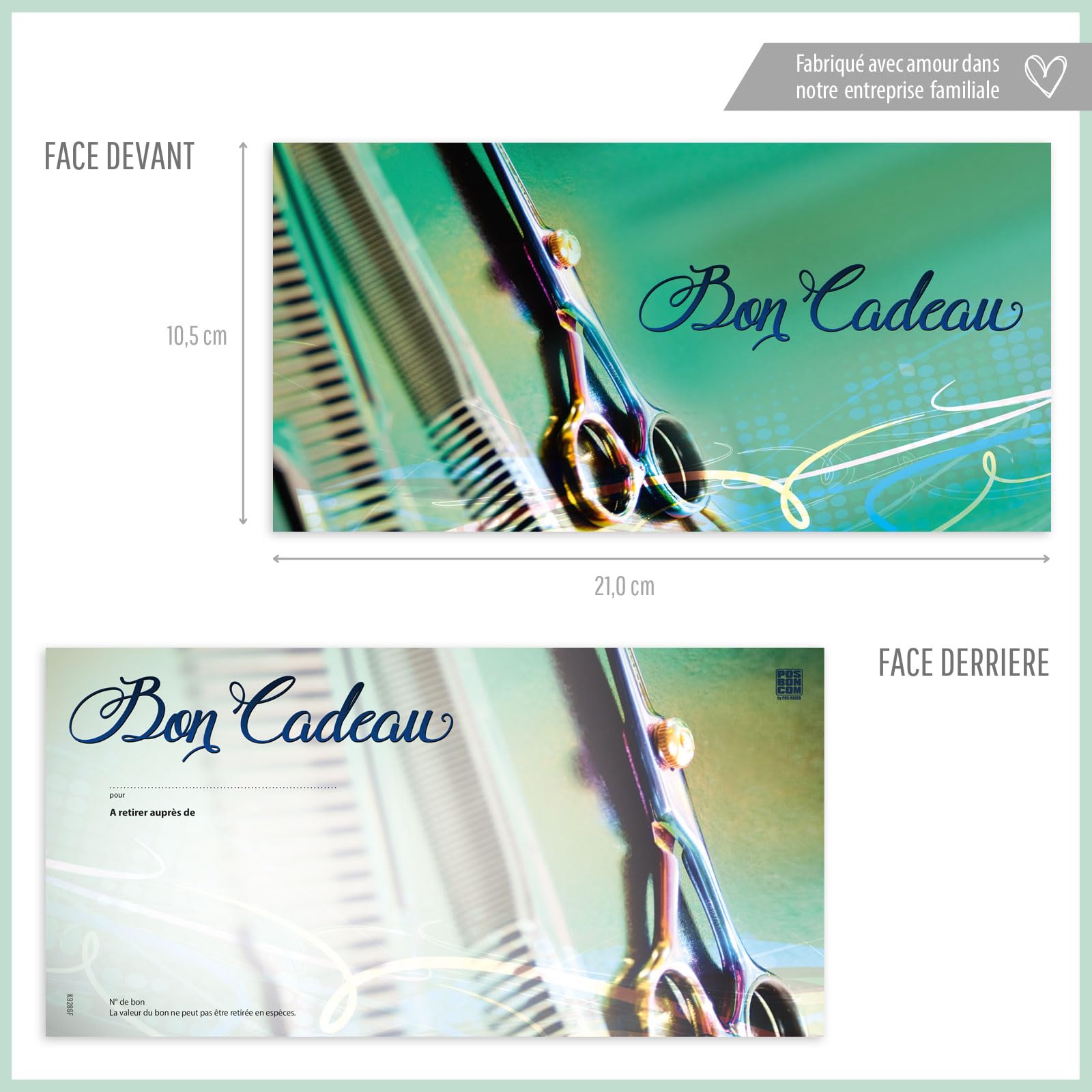 POS BON. 100 formulaires pour créer vos propres bons cadeaux + enveloppe + nœuds ruban, pour des salons de coiffure. K9286F2-100-V2