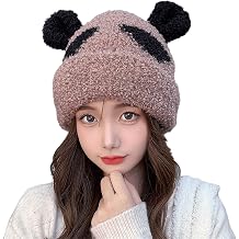 Aobiono Women Kawaii Panda Ears Fleece Beanie Hat Cute Aesthetic Knitted Skully Cap Preppy Japanese Korean Sherpa Fall Winter, Khaki, One Size