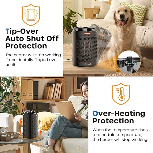 Miniatura 3 de ECOWELL Calentador de espacio portátil de 1500 W para uso en interiores, oscilante de 60°, ventilador eléctrico pequeño con termostato ajustable