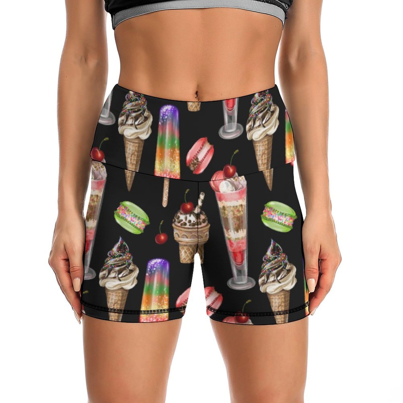 Ice Cream and Cherry Macaron Pattern High Waist Yoga Shorts for Women Athletic Shorts Leggings Running Pants