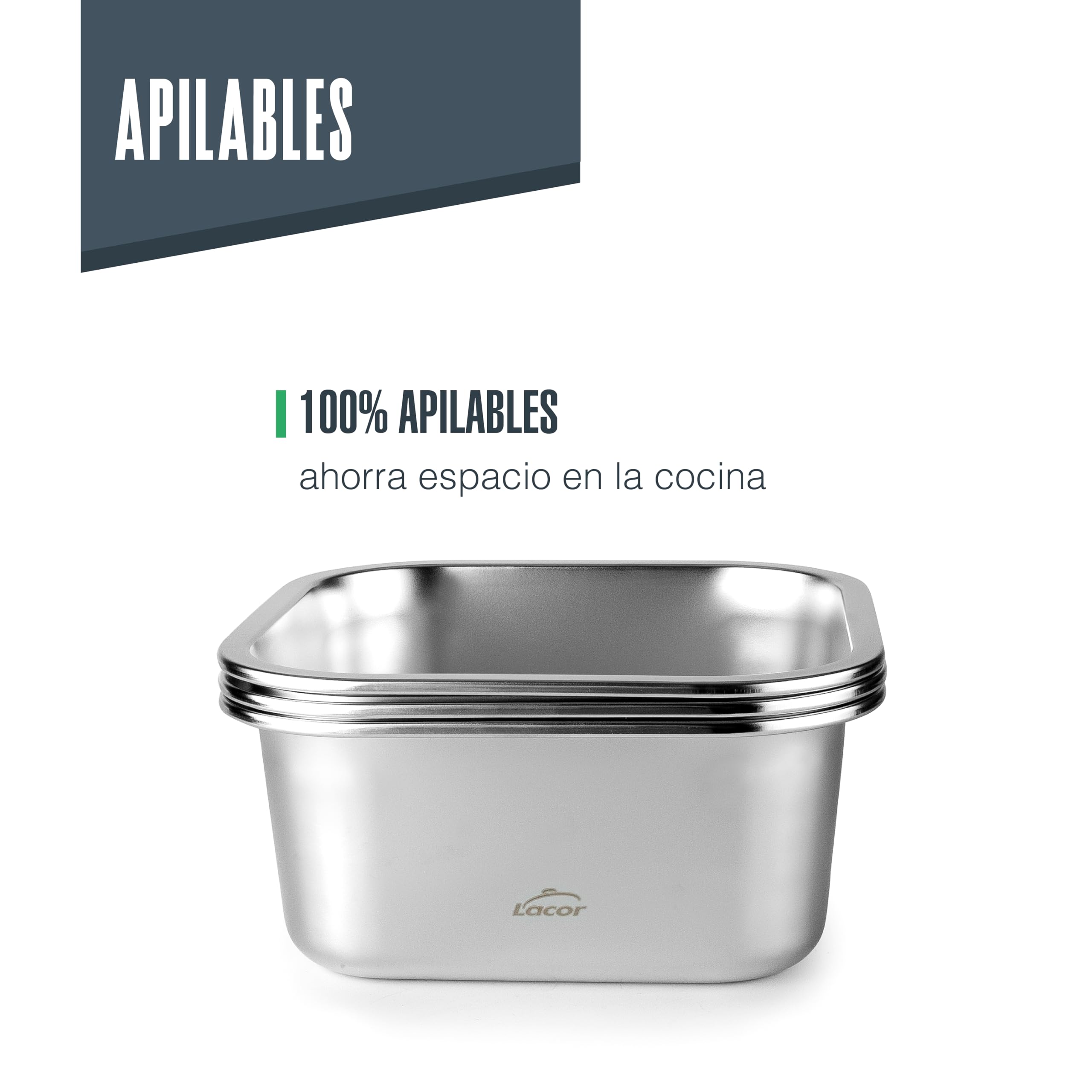 LACOR - 64623 - Set 3 Recipientes Mini Para Alimentos Ecoinox, Acero Inoxidable 18/10, 260 Ml, Apto Para Microondas, Horno, Congelador Y Lavavajillas, Hermético, 4 Cierres De Clip, BPA Free