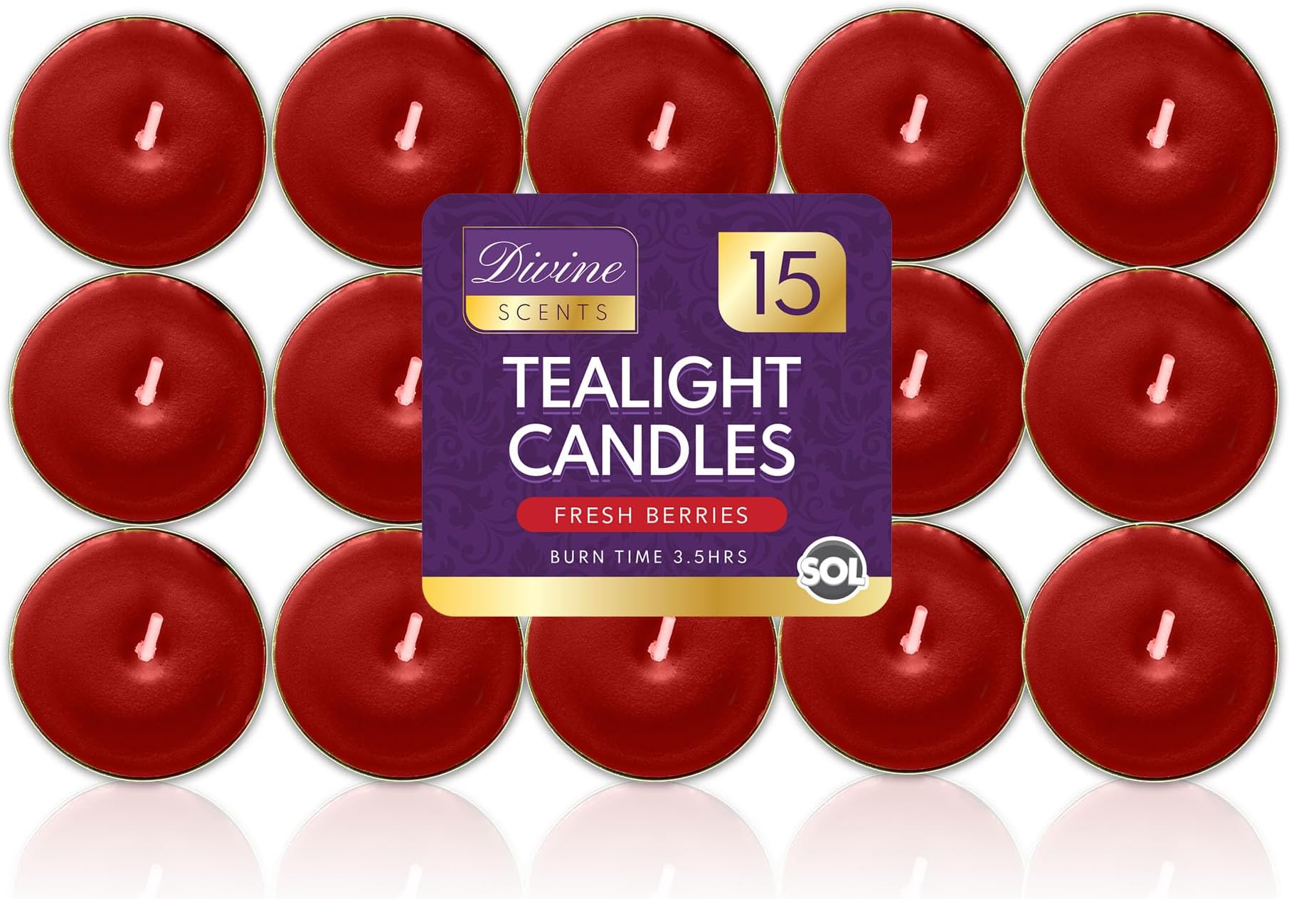 SOL 15pk Fresh Berries Scented Tea Light Candles Long Burning – 3.5 Hour Burn Time, Ideal for Home, Relaxation, Spa, Massage, Romantic Dinners, Weddings & Anniversaries, Festive Decor & Cosy Evenings