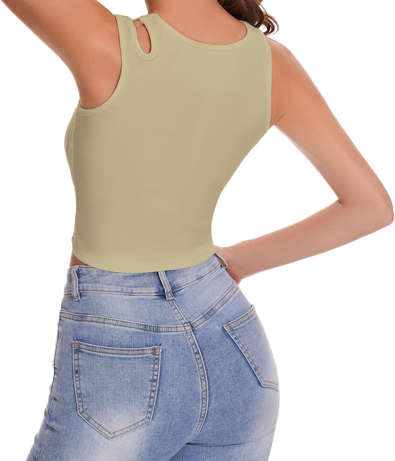 Womens Sleeveless Ribbed Tank Top Asymmetrical Shoulder Scoop Neck Casual Basic Fitted Crop Top - Image 2