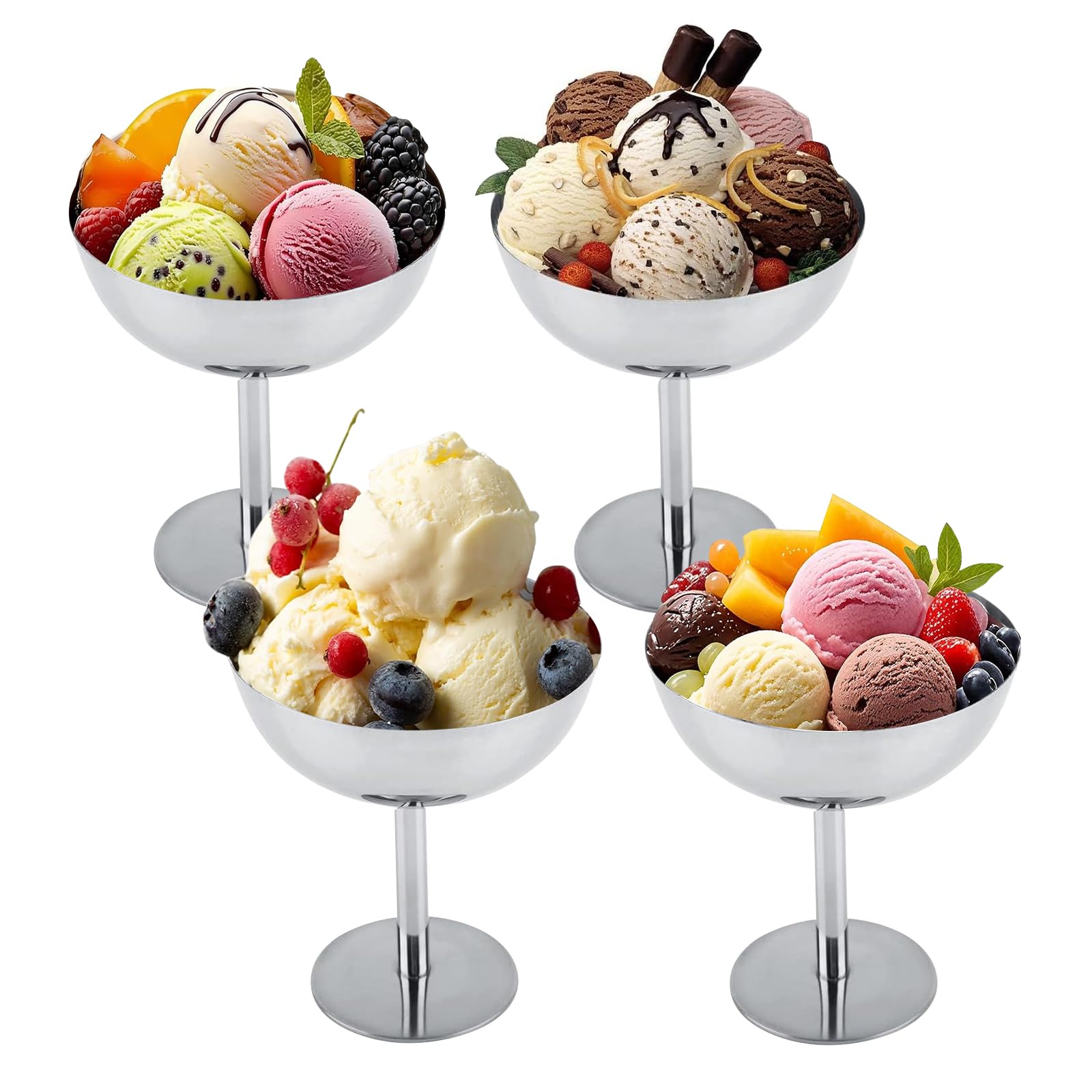 4 vasos para helados de 10,2 cm de diámetro, 200 ml, de acero inoxidable, para postres, cócteles, postres con pie, para frutas, ensaladas, yogur, para bodas, fiestas (all)