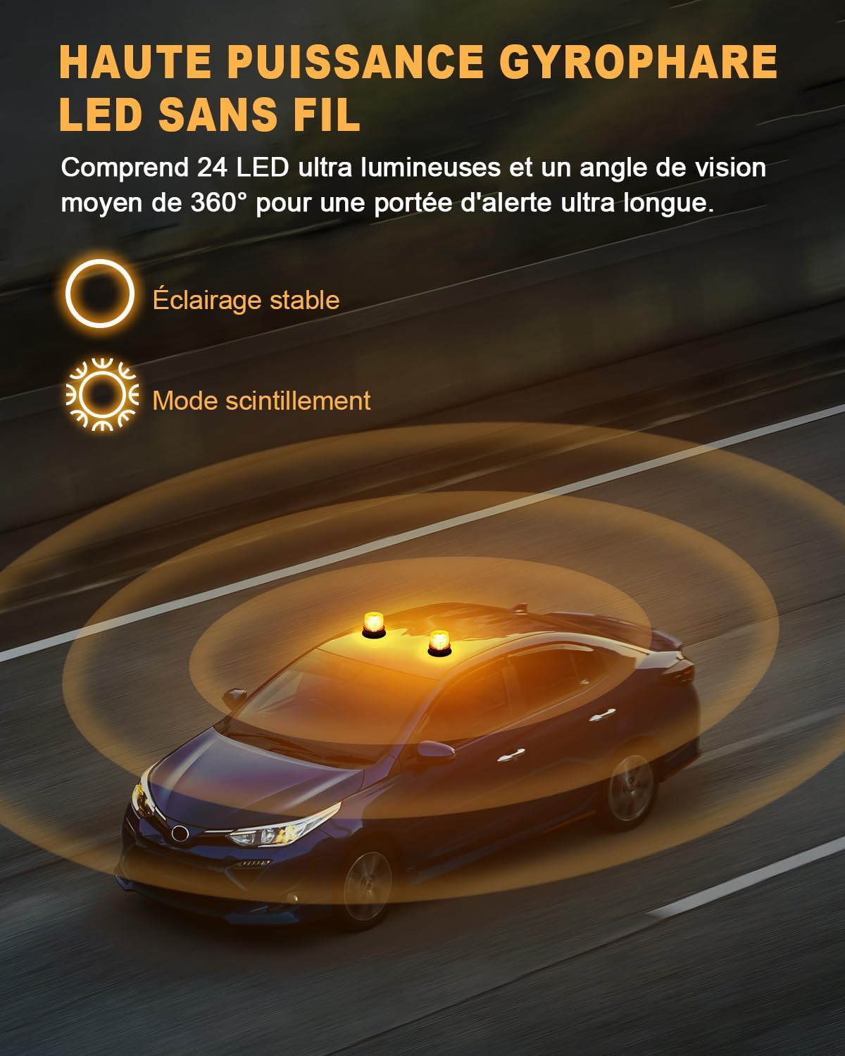 Dinfu 2x Gyrophare LED Sans Fil Rechargeable 12V-24V orange lumière stroboscopique feux clignotant magnetique d'urgence signalement lumières pour voiture auto véhicule tracteur SUV