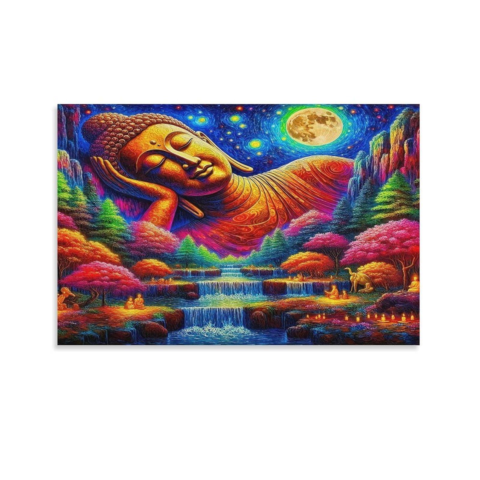 CPLVKWRQJ Sleeping Buddha Under Starry Moon Single Reclining Buddha Moon Colorful Forest Waterfall Canvas Artwork - Nursery Canvas Wall Hanging Space Saving Ready to Hang Decor 24x36inch(60x90cm)