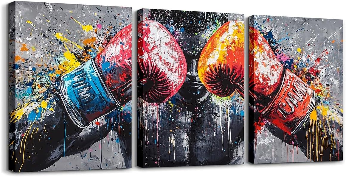 Erosebridal Boxing Canvas Wall Art 3D Sports Framed Wall Art Colorful Boxing Canvas Paintings Graffiti Inspirational Colorful Poster Prints Pictures For Bedroom Office 12"X 16"X 3 Panel