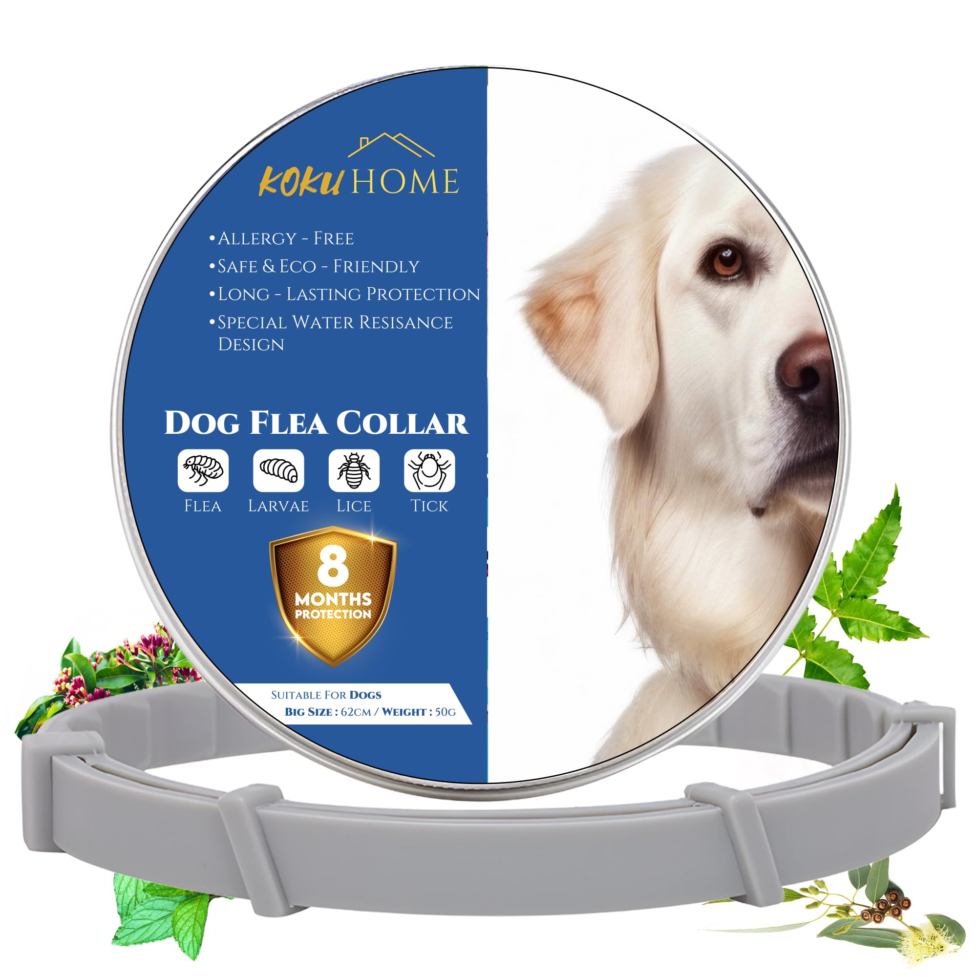 KOKU HOME Collar Antiparasitario contra Pulgas y Garrapatas para Perros y Gatos - Ajustable para Cualquiera Razas y Tamaños - 8 Meses de Protección - 65cm - Materiales con Aceites Esenciales.