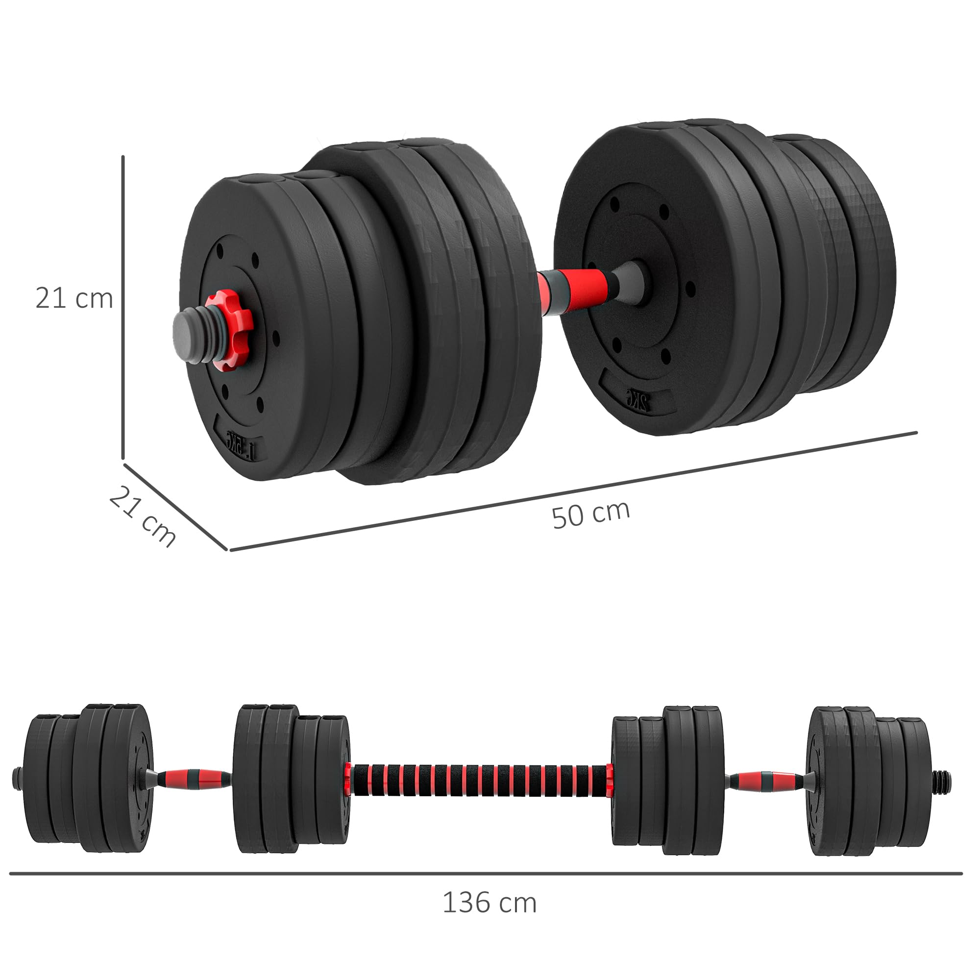 HOMCOM Set Manubri 2 in 1 da 20/25/30kg Totali con Dischi Pesi e Connettore, Set Manubri Regolabili Utilizzabile come 2 Manubri, Bilanciere, Palestra in Casa, Nero