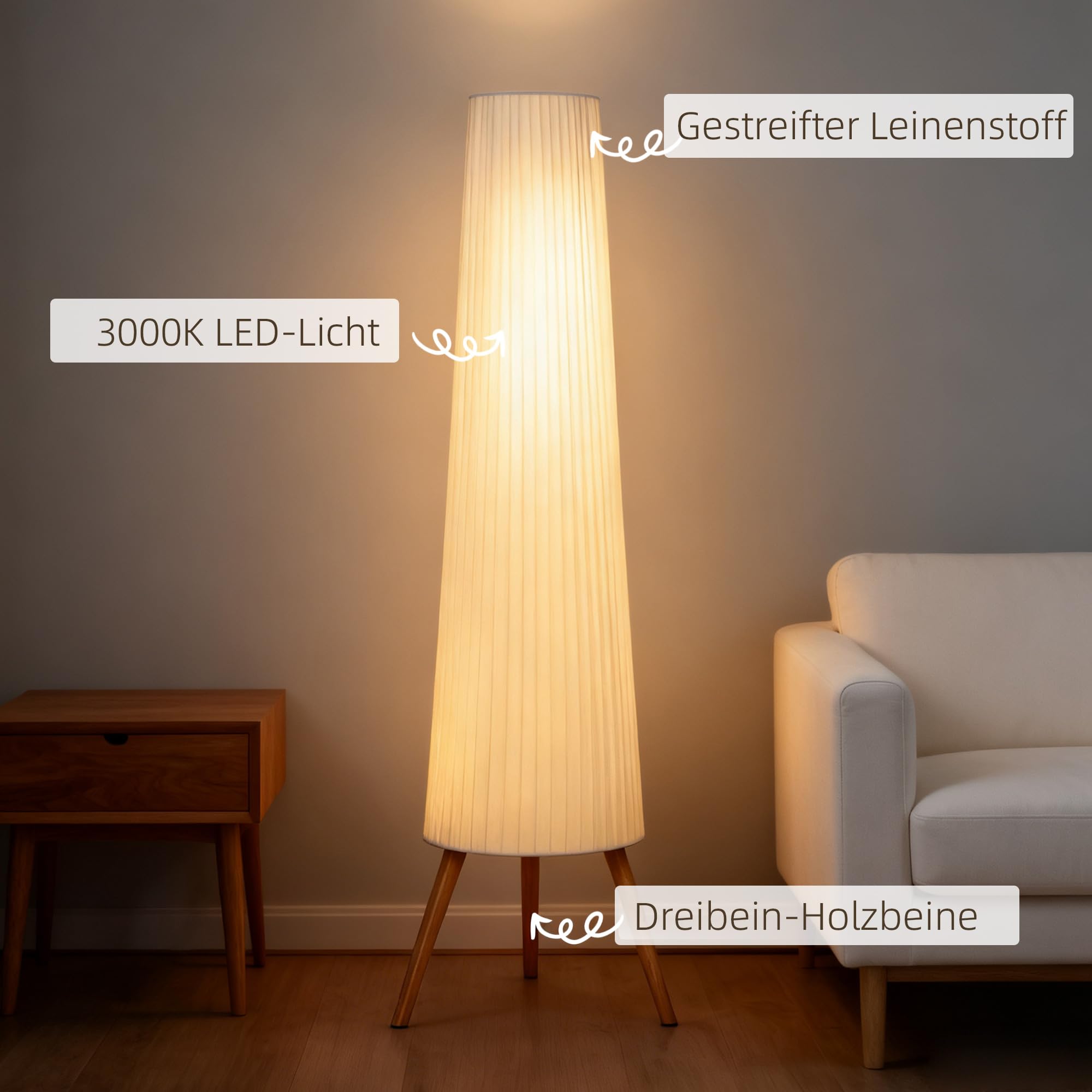 HOMCOM LED Stehlampe Wohnzimmer Dimmbar Holz mit Dreibein, Stehleuchte mit Fußschalter nordische Standleuchte für Wohnzimmer Schlafzimmer Weiß
