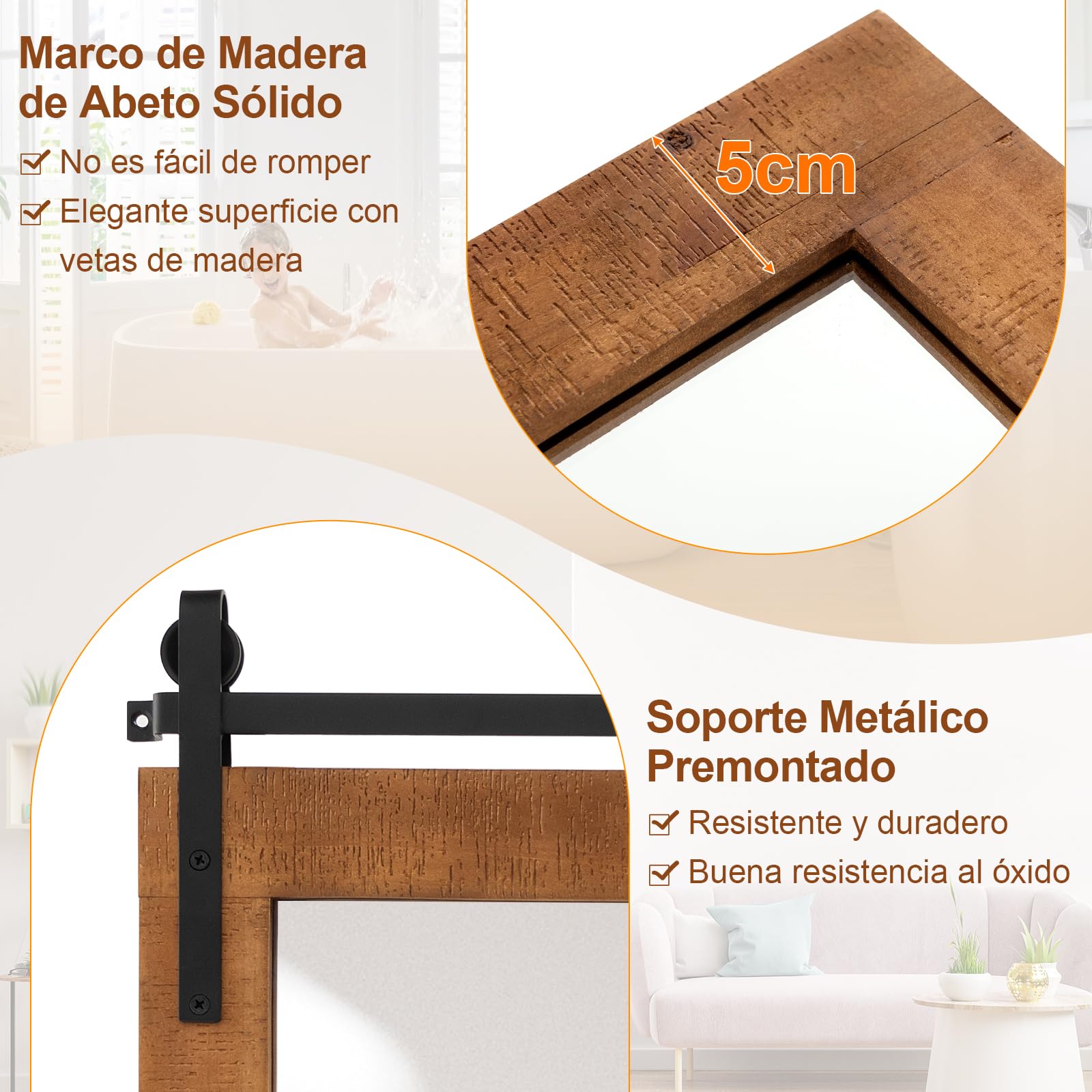 COSTWAY Espejo Decorativo de Pared Horizontal, Espejo Rectangular de 100x66 cm con Marco de Madera Maciza y Soporte Metálico, Estilo Rústico de Granja, Ideal para Salón y Dormitorio (marrón)