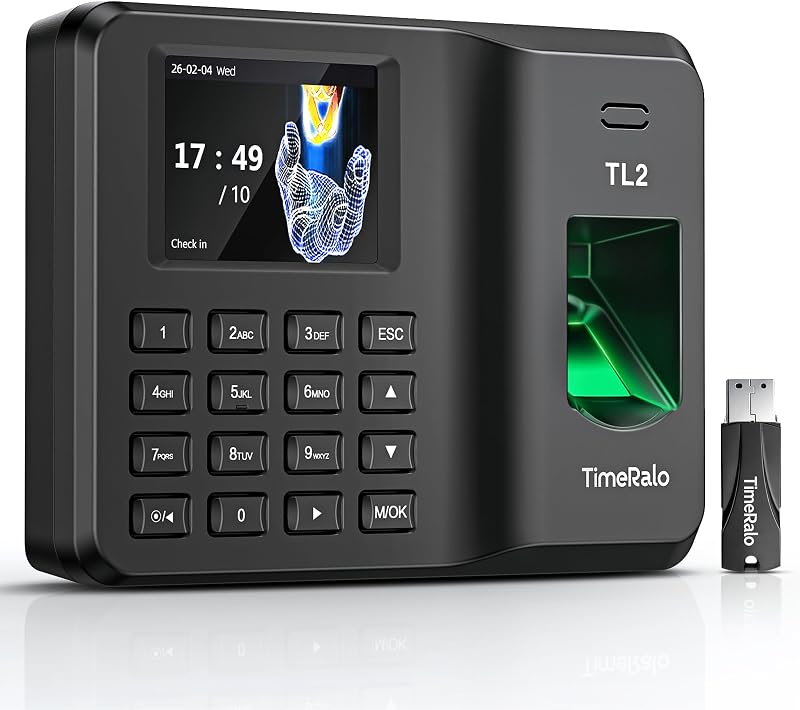 Standalone Time Clock for Employees, Fingerprint/PIN Punch Machine
