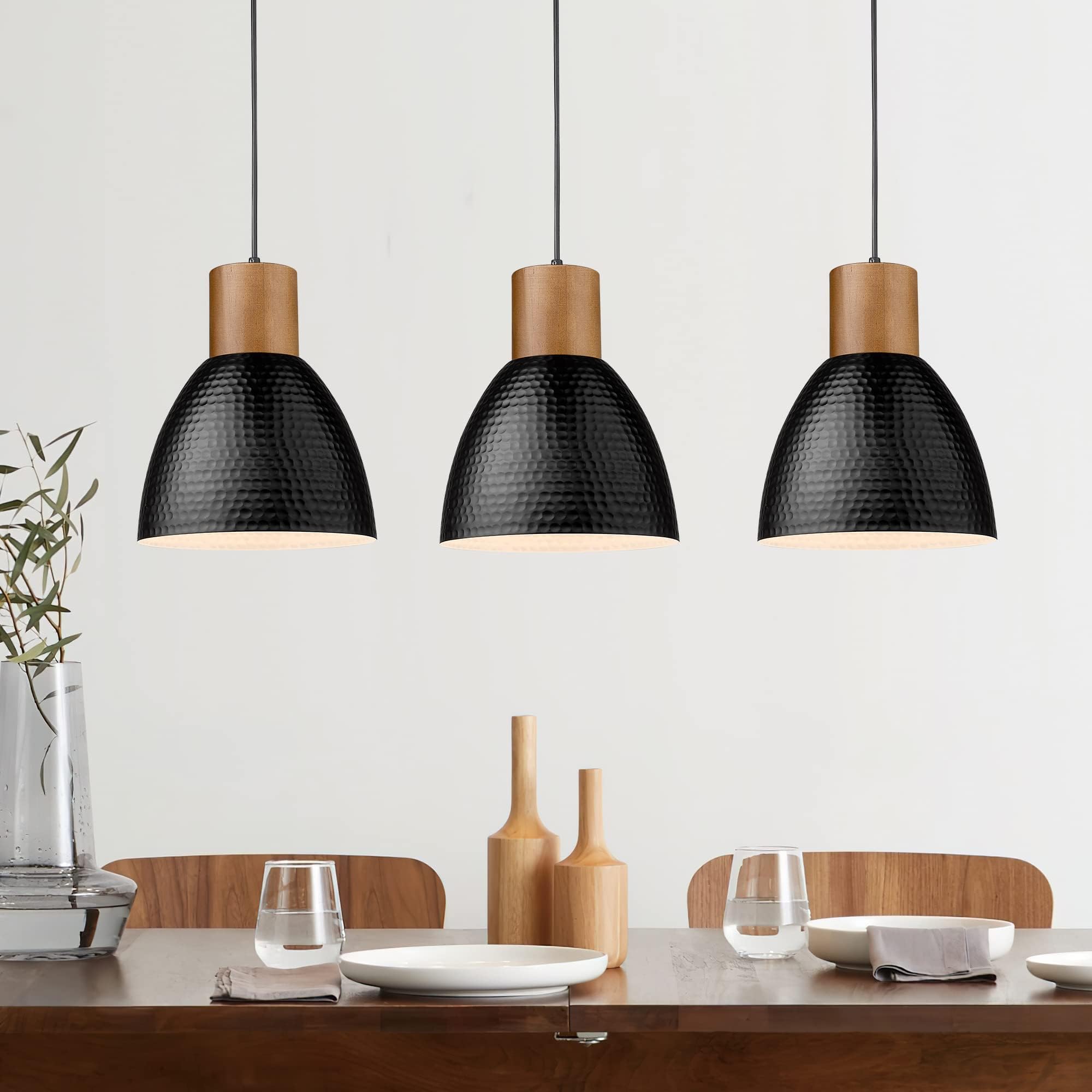 3 Pack Hammered Pendant Lights for Kitchen Island 7” Small Metal Solid Wood Hanging Light Fixtures Adjustable Height Farmhouse Pendant Lighting for Dining Room Bedroom Bar Office, Modern Black