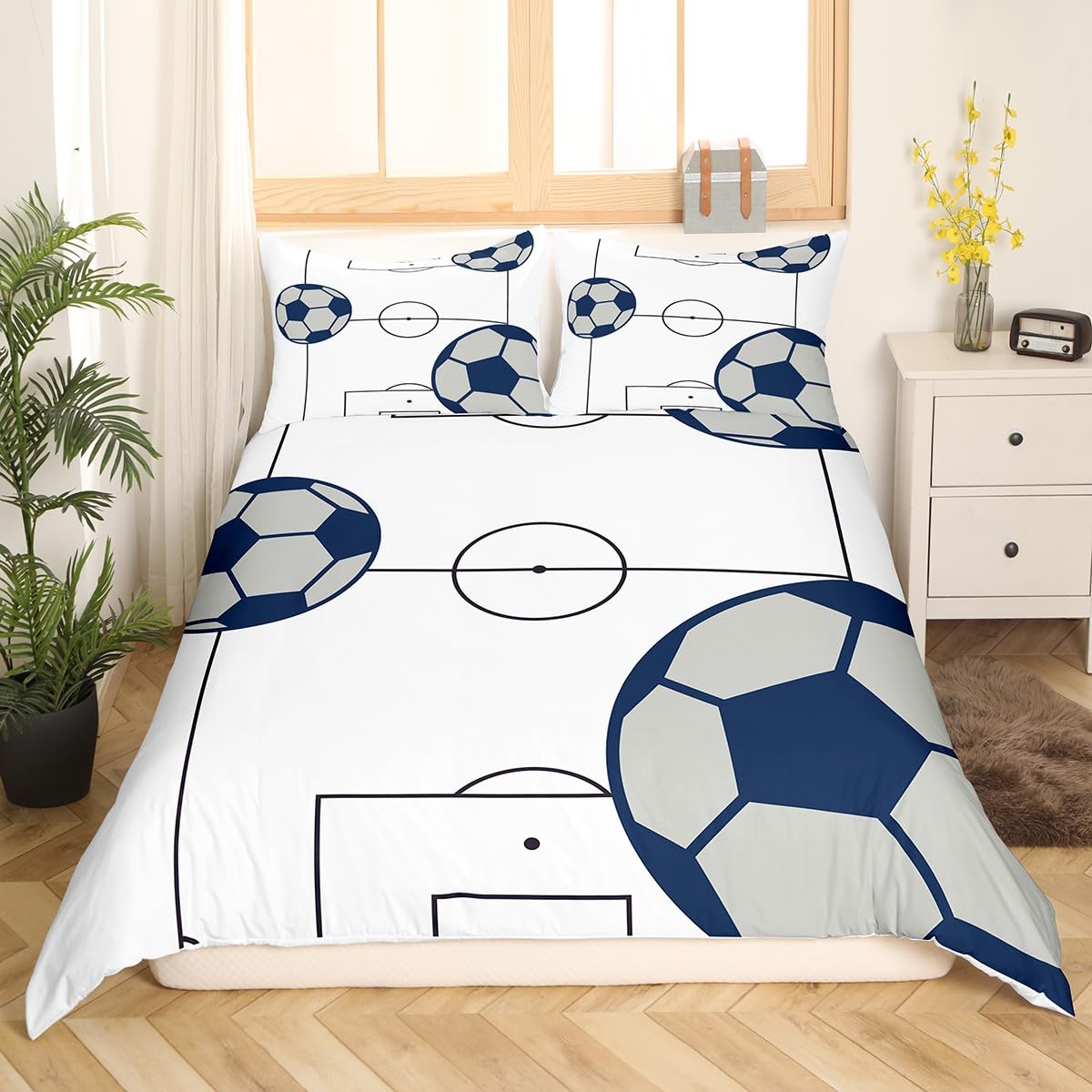 Loussiesd Football Bedding Set Kids Football Court Comforter Cover for Boys Girls Teens Soccer Ball Pattern Bed Cover Breathable Sports Theme Bedding Bedclothes Single - Image 3