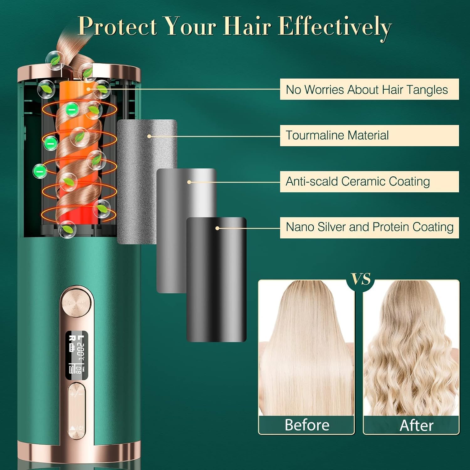 Automatic Curling Iron, Cordless Auto Hair Curler with 6 Temps & LCD Display, Portable Rechargeable Ceramic Rotating Curling Wand, Wireless Beach Waves Iron Fast Heating for Hair Styling
