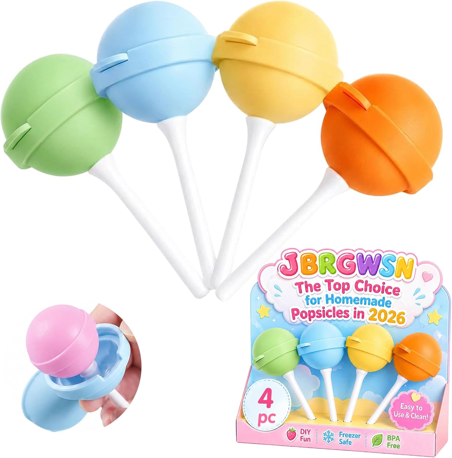 4 Pack Silicone Lollipop Popsicle Molds with Sticks Reusable BPA Free Ice Pop Maker Easy Release Molds for Homemade Ice Cream Fruit Yogurt Frozen Treats Kids Summer Parties