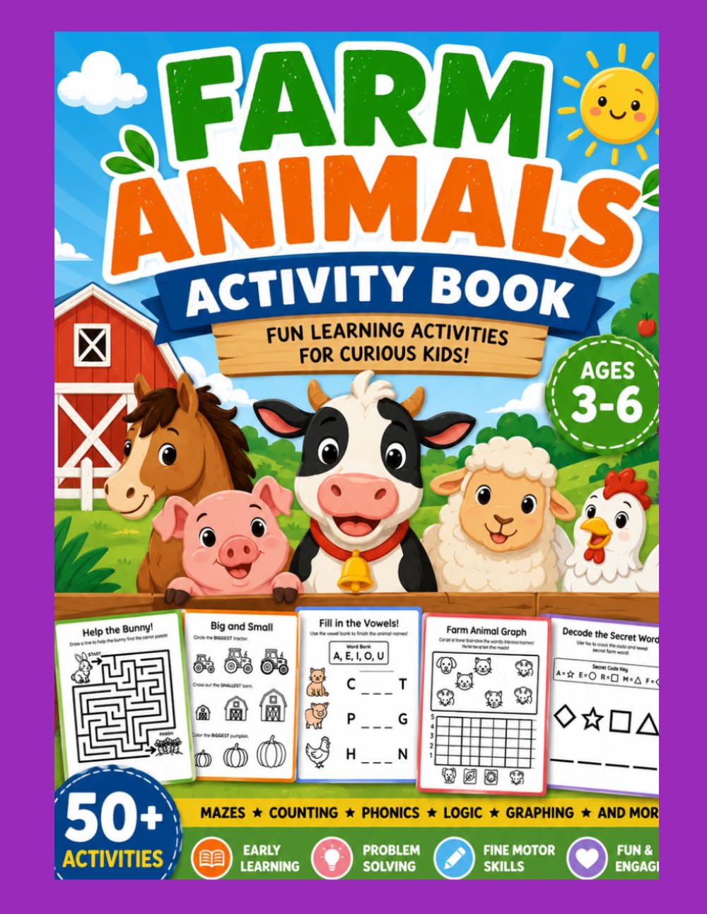 Farm Animals Activity Book for Kids: Printable Preschool Learning Worksheets & Fun Educational Games.120 engaging educational pages