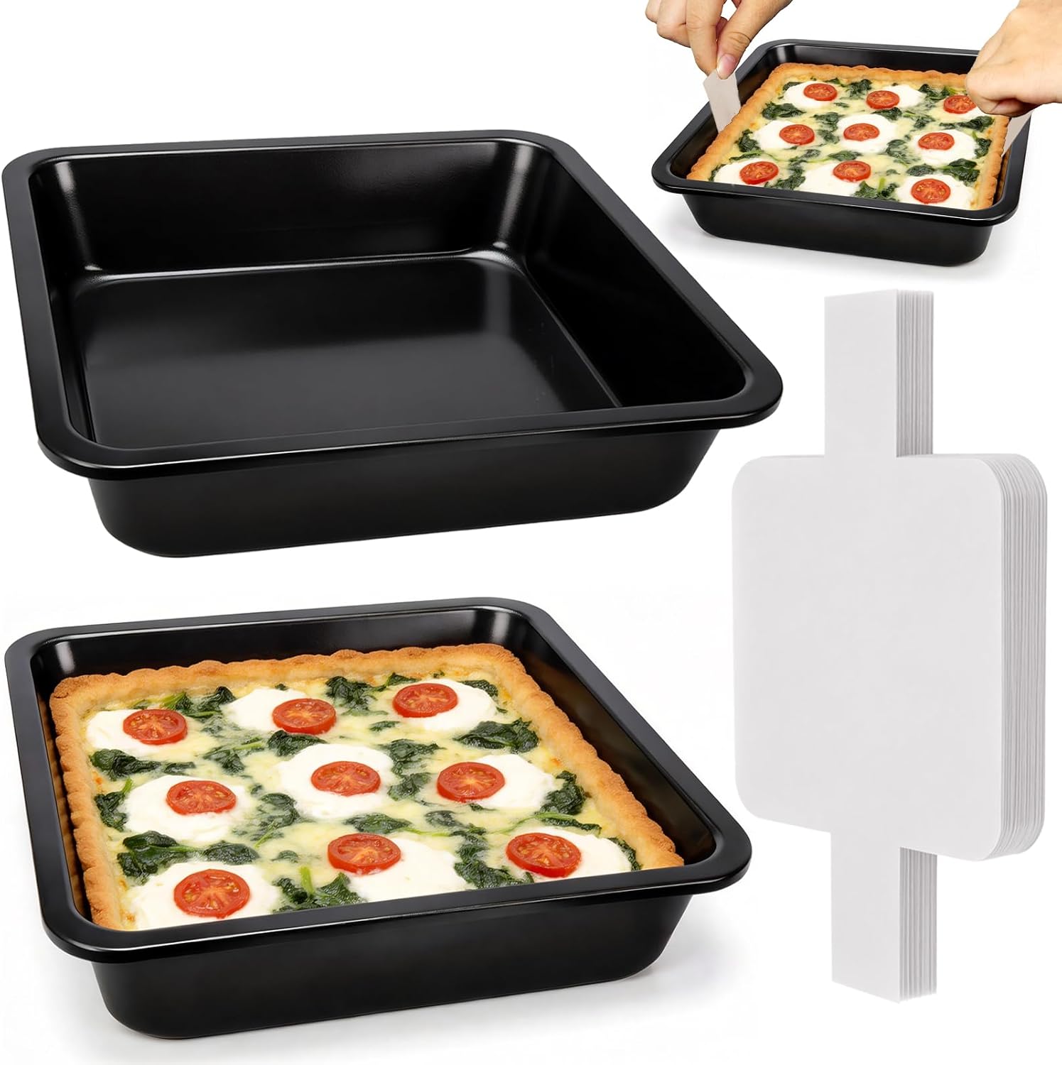 8x8 Baking Pan Set of 2, Square Cake Pan with 60 PCS Parchment Paper