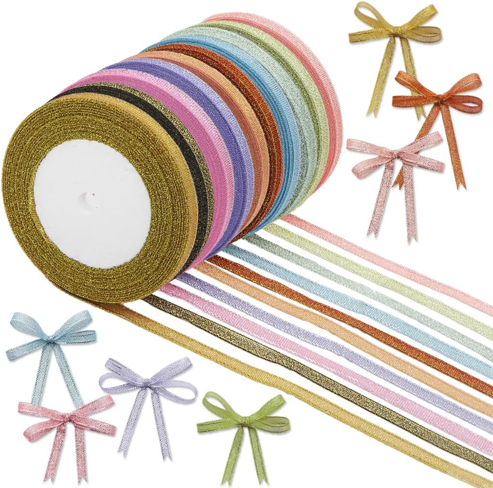 10 Rolls 250 Yards Giltter Ribbon for Gift Wrapping 1/4-Inch Metallic Glitter Ribbons (10 Colors) for Christmas Holiday Wedding Birthday Party Gifts Decoration DIY Crafts Sewing Hair Bow Clip Favors