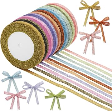 10 Rolls 250 Yards Giltter Ribbon for Gift Wrapping 1/4-Inch Metallic Glitter Ribbons 10 Colors for Christmas Holiday Wedding Birthday Party Gifts Decoration DIY Crafts Sewing Hair Bow Clip Favors