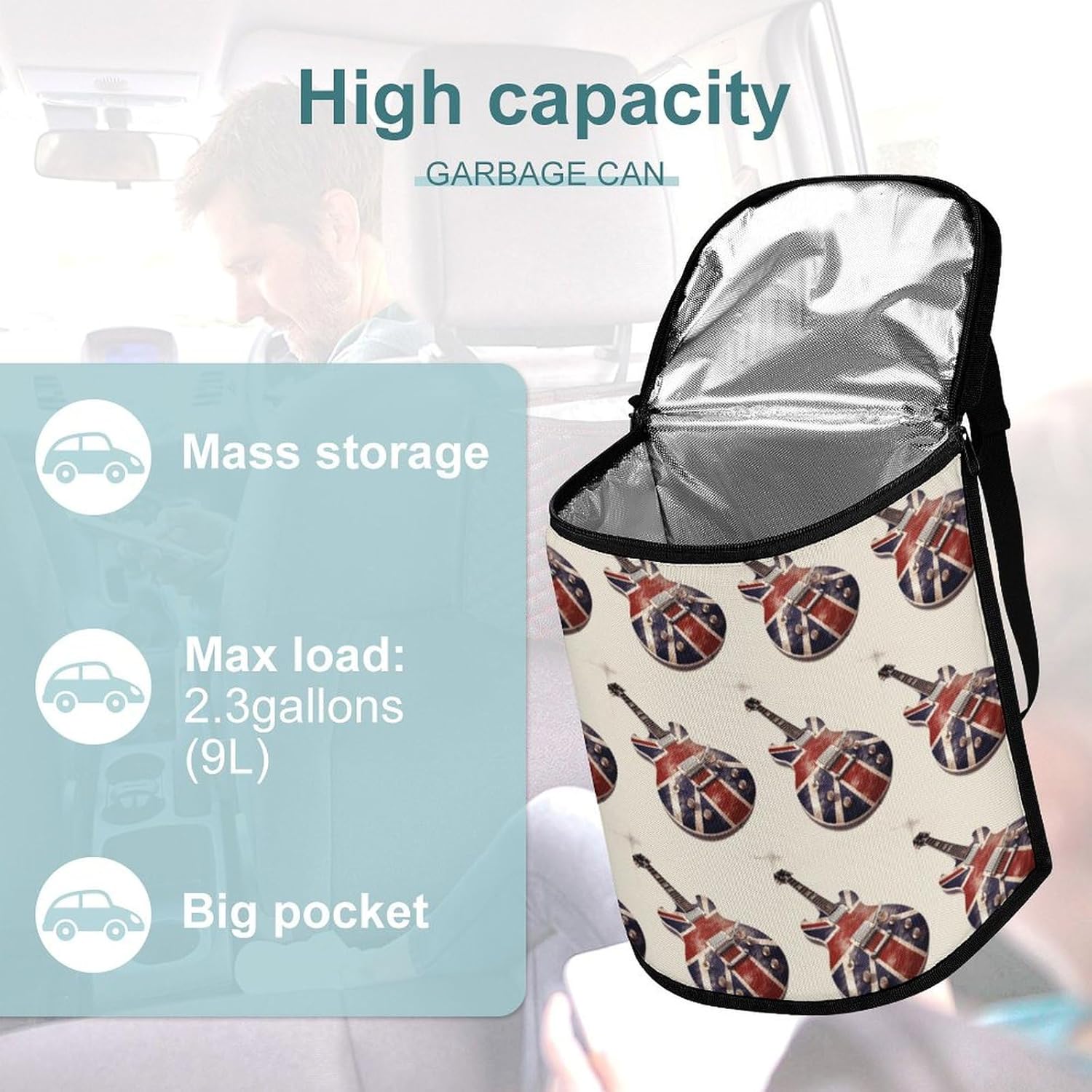 Hanging Car Trash Bag Guitar British Flag Printed Car Garbage Storage Bag Leakproof Car Trash Can Portable Garbage Storage Bags