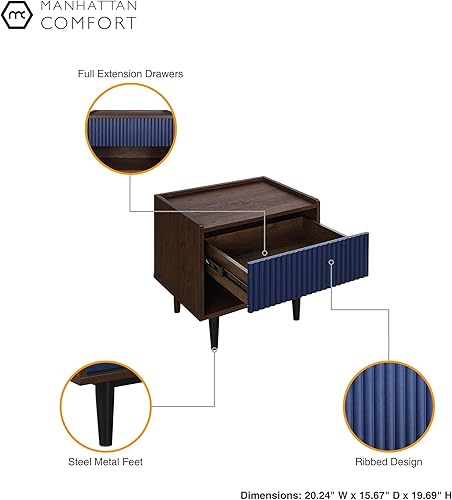 Miniatura 6 de Manhattan Comfort Duane Moderna mesita de noche acanalada, mesita de noche con cajón de extensión completa y estante abierto, muebles industriales