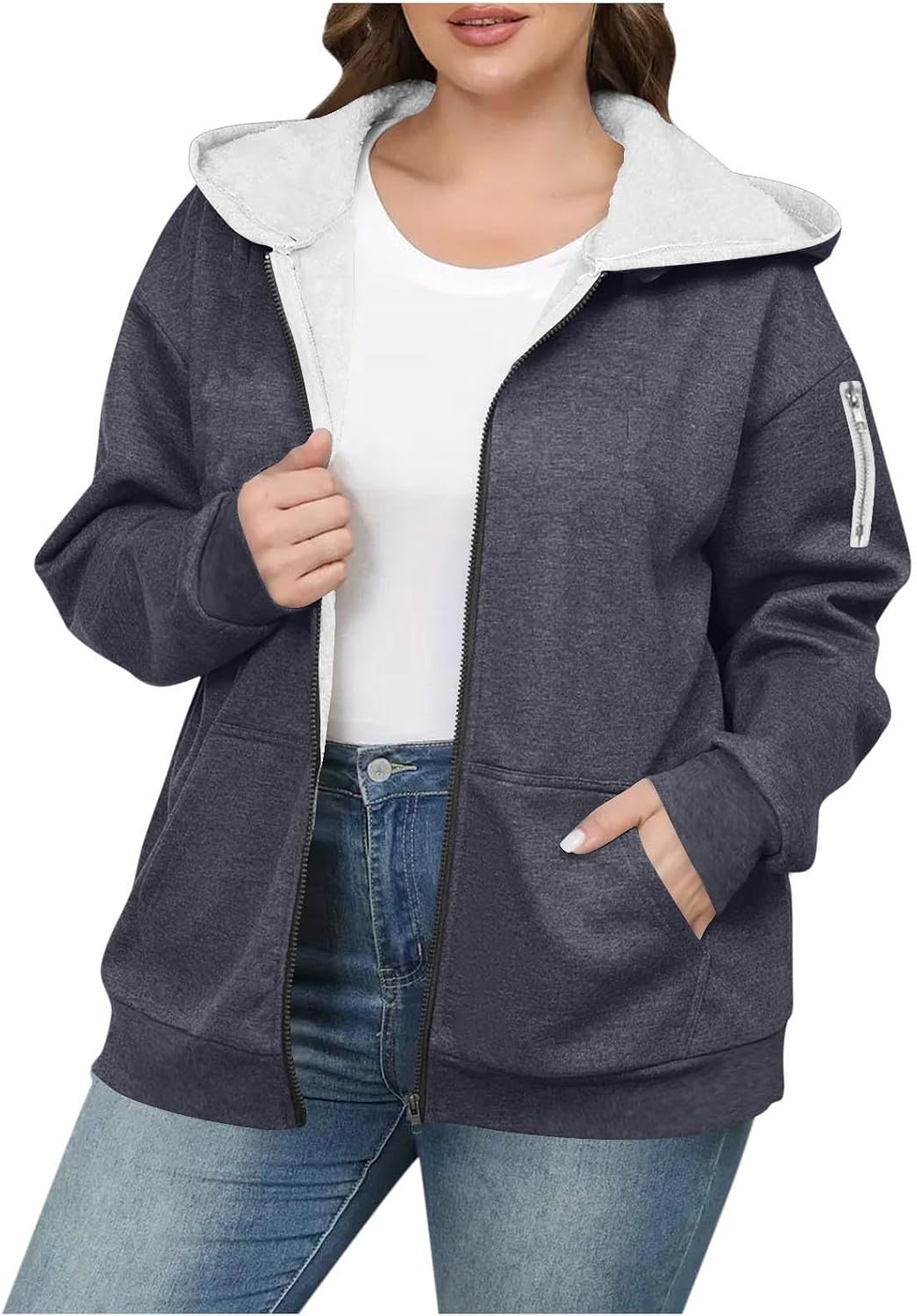 FQZWONG Womens Fleece Zip Up Sweatshirt Winter Oversized Thermal Sherpa Hoodie Casual Fuzzy Jackets Warm Coat with Pockets