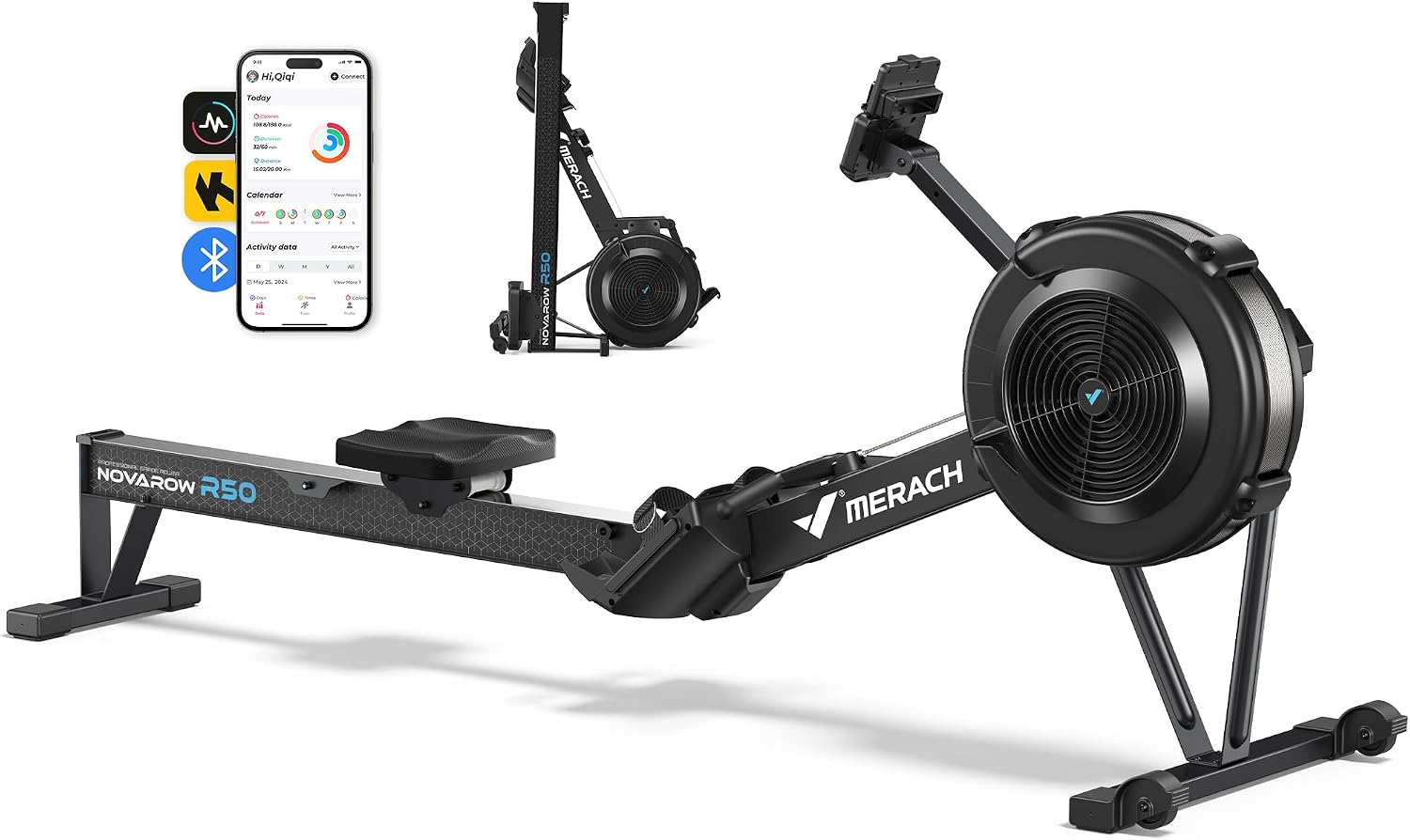 MERACH air resistance rowing machine in black with alloy steel frame