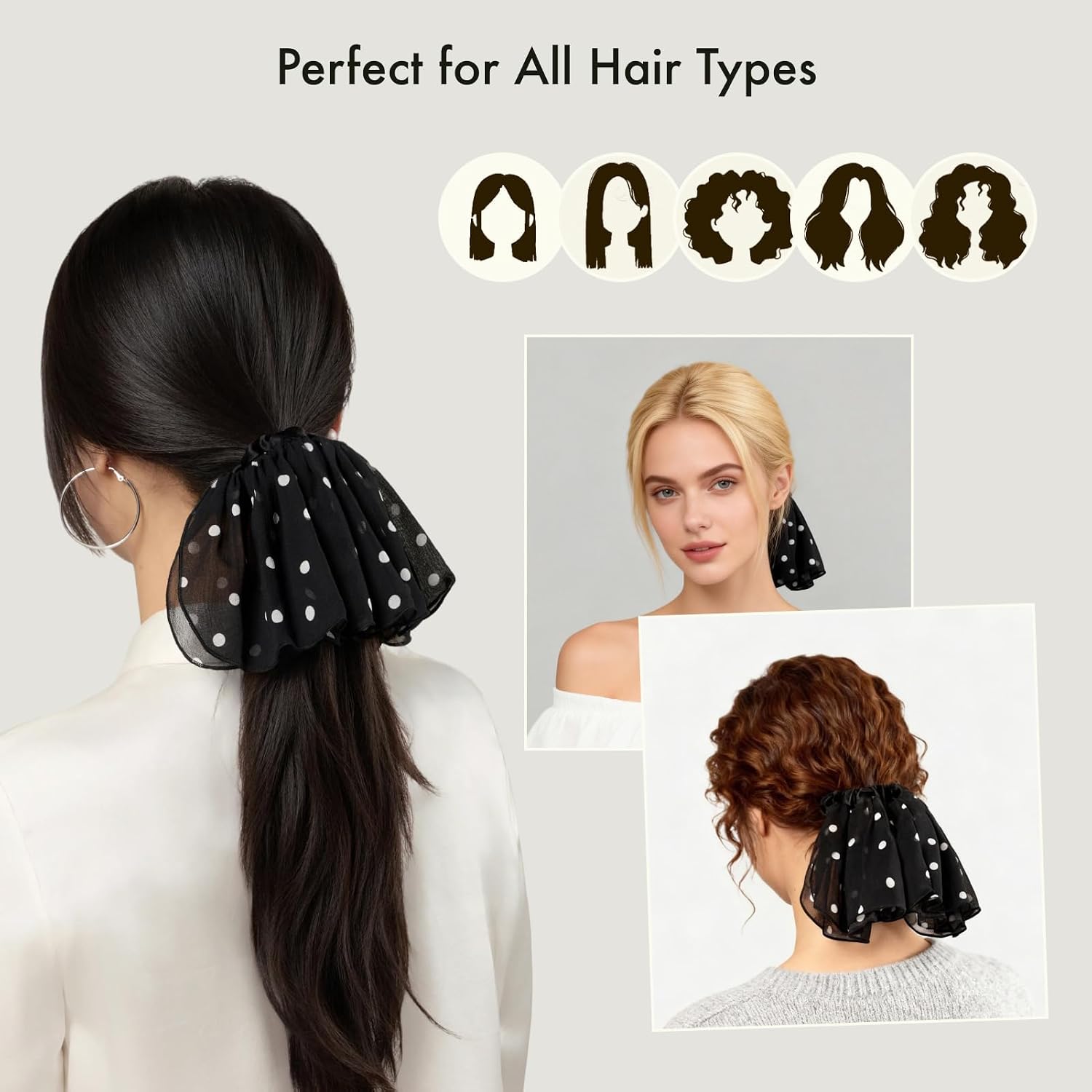 LILYSILK 100% Mulberry Silk Scrunchies For Women Polka Dot Hair Tie Elastics No Damage White Dot