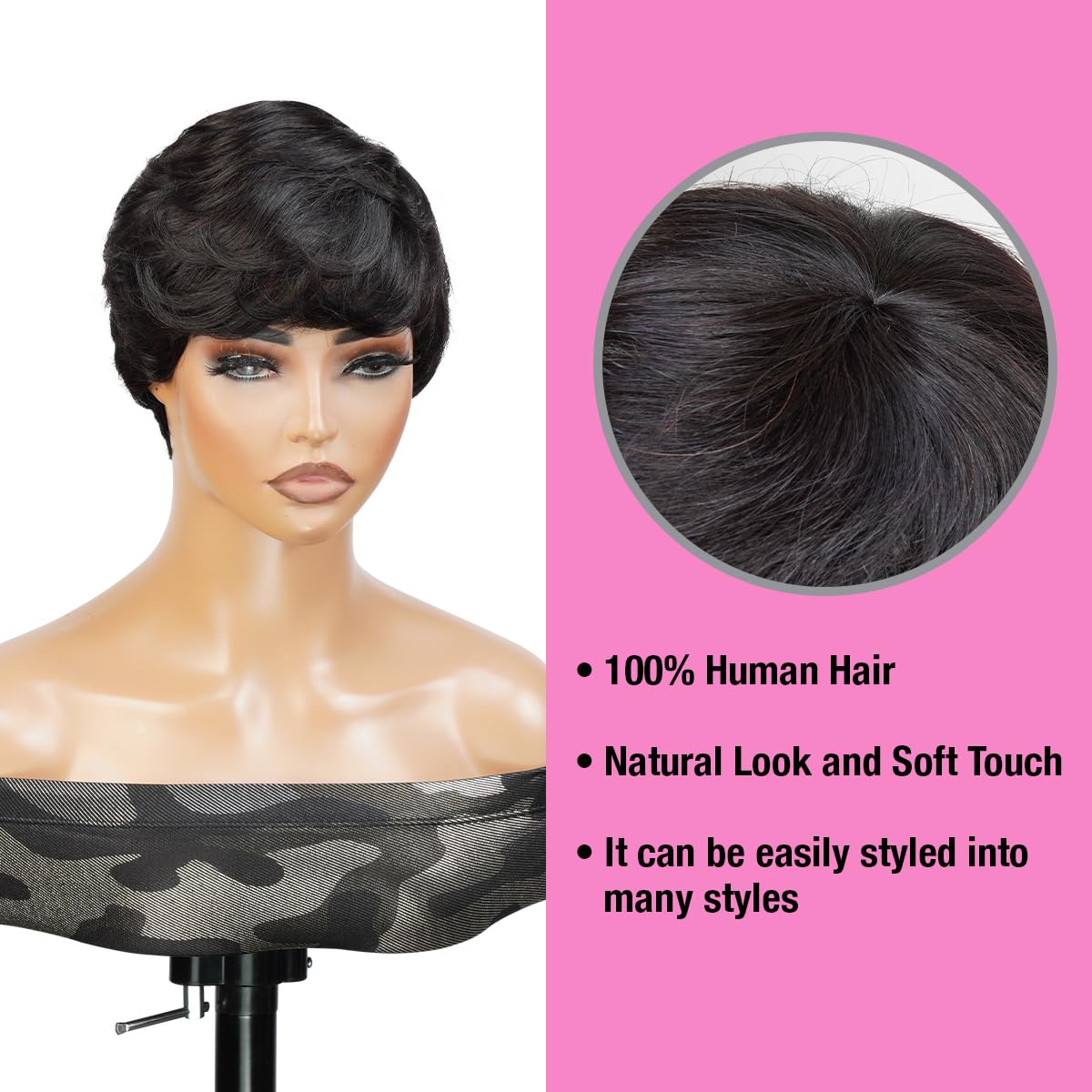 Short Human Hair Wigs Pixie Cut Wigs with Feathered Side Bangs for Black Women Short Cut Pixie Hairstyles Wig Tapered Back Non Lace Front Wigs - Pearl (NATURAL BLACK)