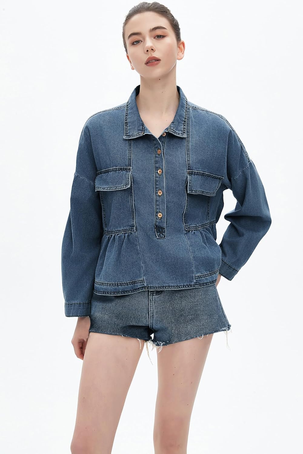 D-Sun Women's Denim Cropped Top Babydoll Long Sleeve V Neck Pullover Button Down Blouses Top - Image 2