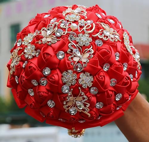 Miniatura 6 de Sharebeauty Ramo de novia de satén hecho a mano de 8.3 pulgadas, ramo de boda redondo, ramo de flores artificiales, color rojo