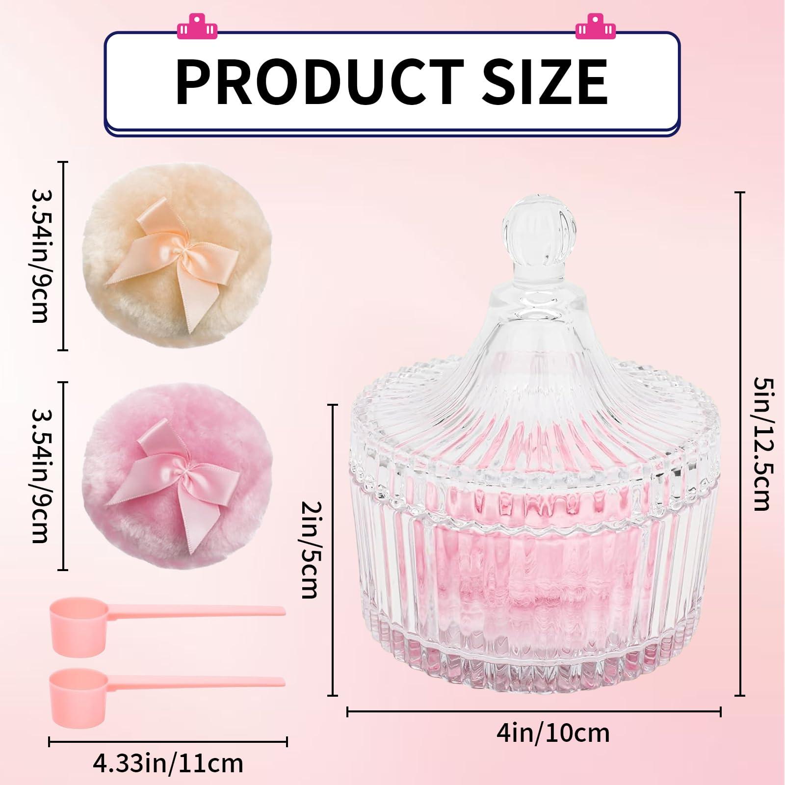 Puderdose con piumino set in vetro piumino per cipria corpo grande contenitore cipria con 2 piumini e cucchiaio morbido e soffice per donne rosa beige