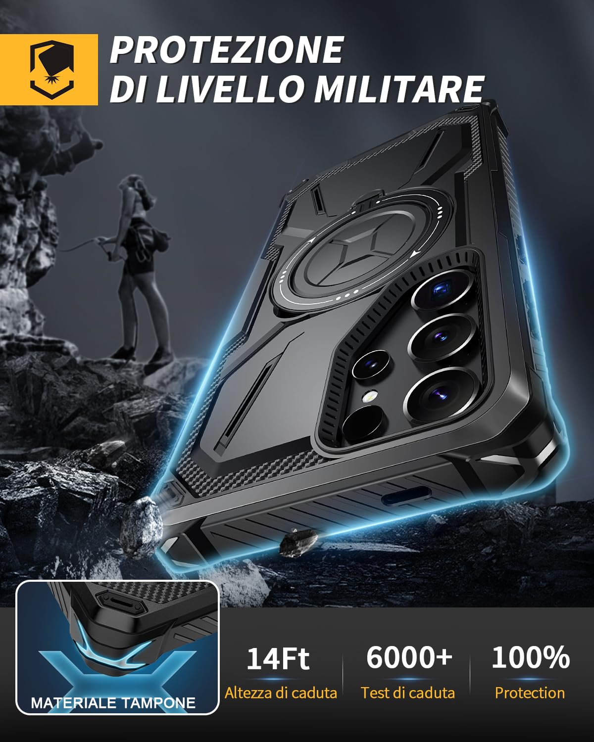 Lanhiem Cover per Samsung S24 Ultra 5G, Magnetica con Anello, 14FT Antiurto Militare Indistruttibile, Protezione Completa del Corpo a 360°con 2 Vetro Temperato, Custodia per Galaxy S24 Ultra, Nero