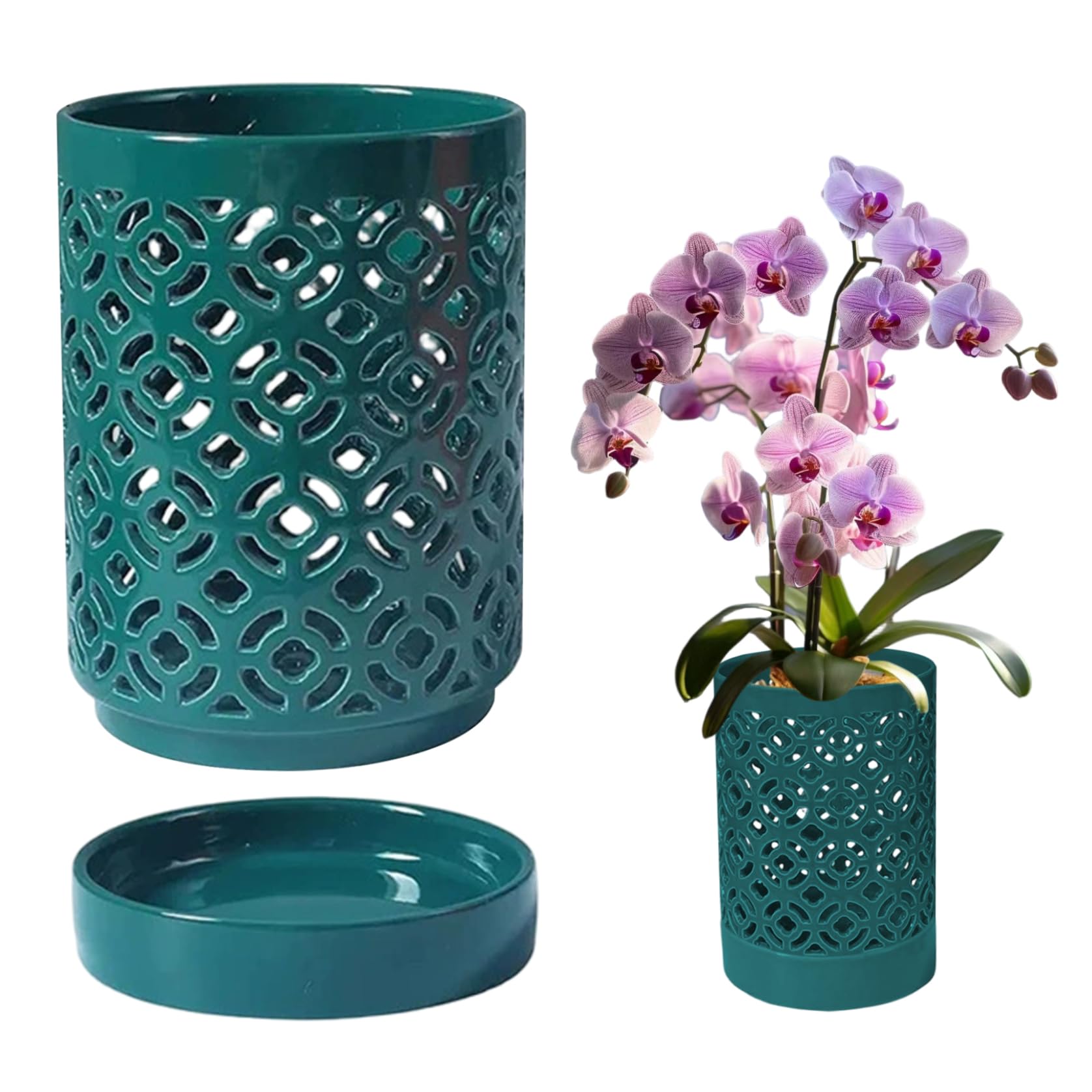Striegro Green Orchid Pots 5.5X4in Orchid Planter With Holes & Saucer & Drainage Ceramic Plant Pot For Indoor Outdoor Plants,