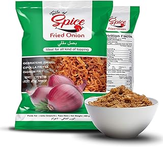 Taste of Spice Fresh & Crispy Fried Onions - 100% Organic, Vegan, Non-GMO, NO Corn Flour, Homemade - Fresh Vegetable Oil for every batch. 1-Pack. 400 grams, 14 oz