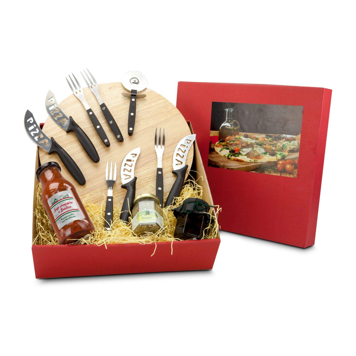 Römer Präsente Geschenkset Pizza Italia: 13-teilig; 1 Pizzabrett, 1 Pizzaschneider, 4 Messer und 4 Gabeln, 1 Sugo, Oliven und Oregano