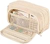 Multi Pocket Pencil Case - Large Capacity Zipper Closure Organizer - Cute Canvas Pencil Bag - Foldable Pouch for Teen Adult Girls - Beige