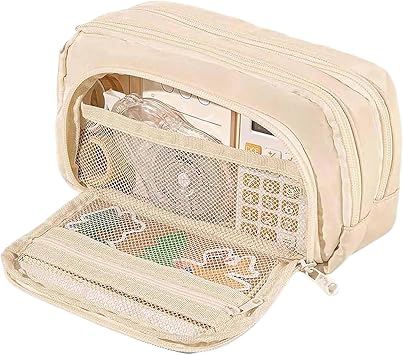Multi Pocket Pencil Case - Large Capacity Zipper Closure Organizer - Cute Canvas Pencil Bag - Foldable Pouch for Teen Adult Girls - Beige