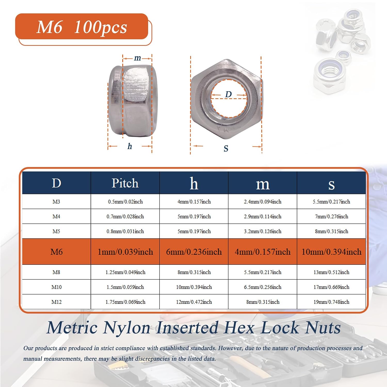 M6 x 1mm Metric Nylon Insert Lock Nuts (100pcs) DIN 985 Locknuts 304 Stainless Steel Hex Nylock Nuts Reusable Anti-Loose Corrosion-Resistant for DIY Home Automotive Industrial image 2