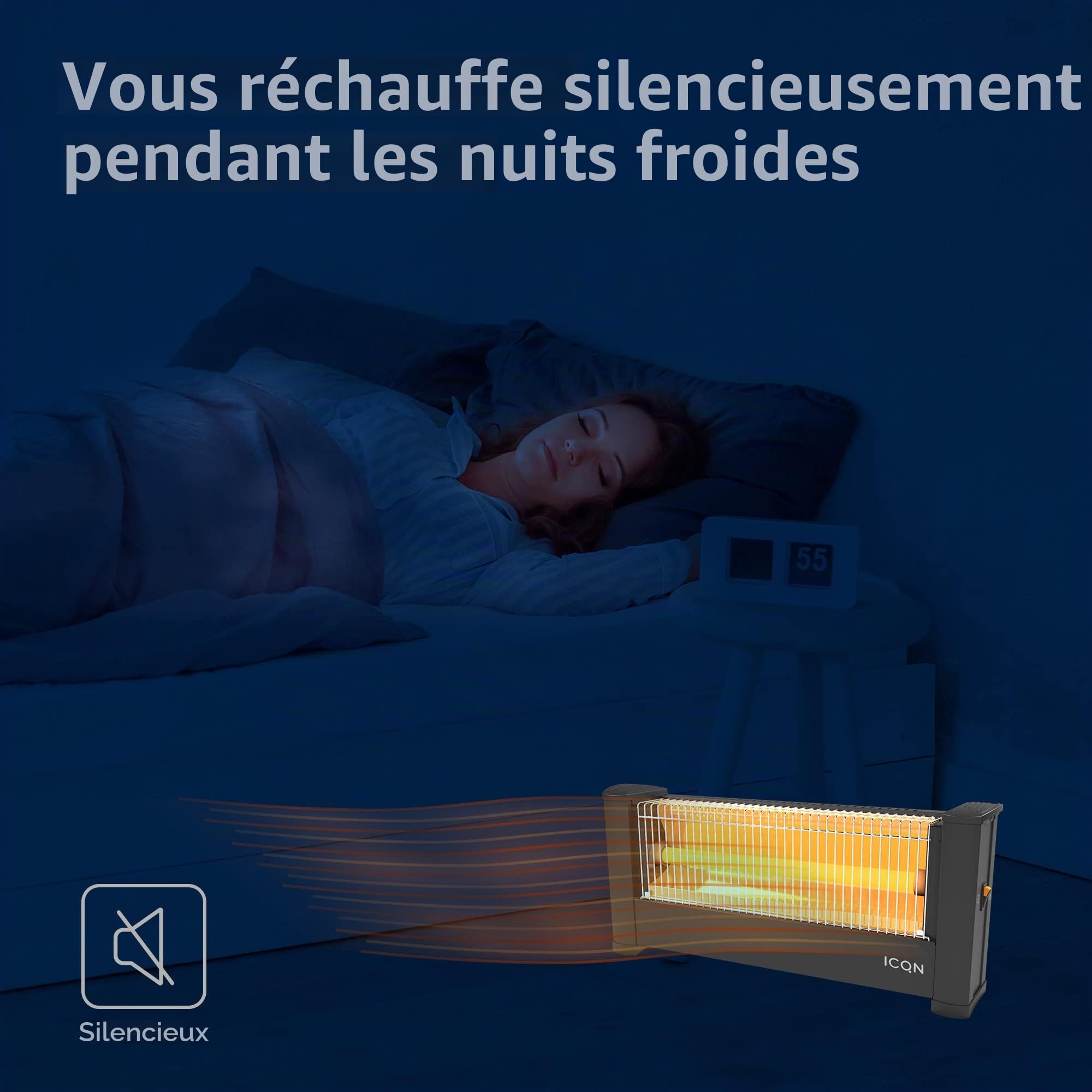 ICQN IQ.0900.APW Radiateur infrarouge sur pied pour pièces jusqu'à 9 m² 900 W IP20 Chauffage électrique 1,5 m Câble chauffant pour bureau ou maison Chauffage infrarouge