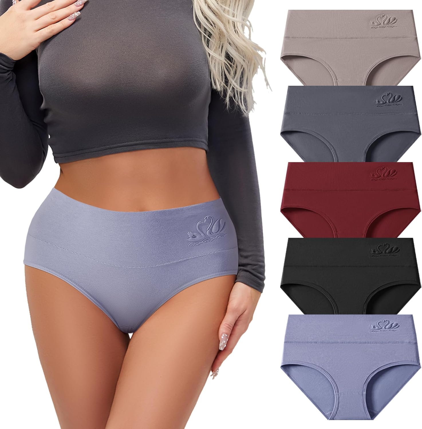 Hotcom Women's Cotton Underwear High Waisted Panties Pack, Tummy Control Briefs 5-Pack Multi