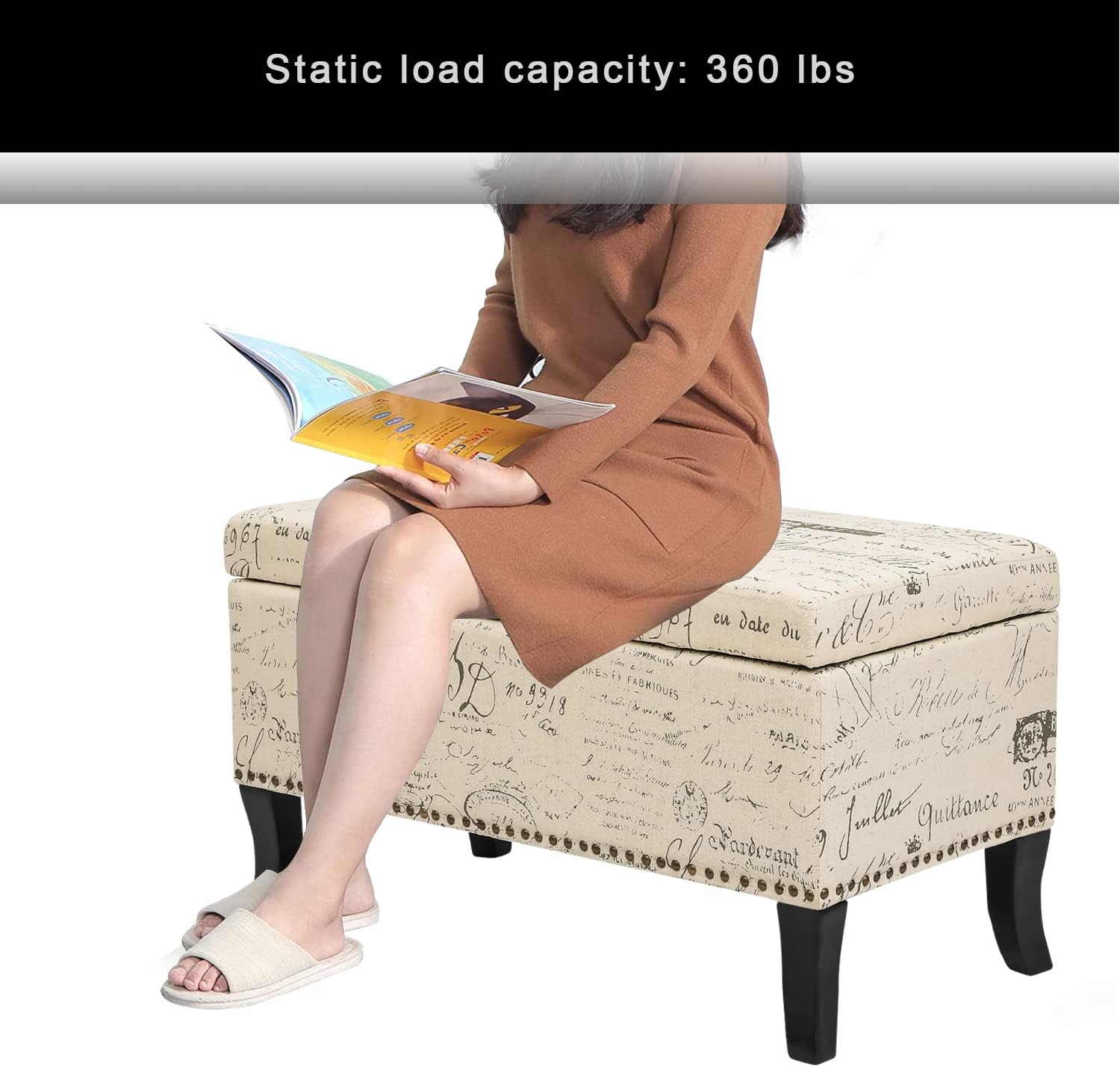 Adeco Rectangular Storage Ottoman Bench, Upholstered Ottoman Footrest Stool with Wooden Legs, Coffee Table Toy Chests for Living Room Bedroom Entryway