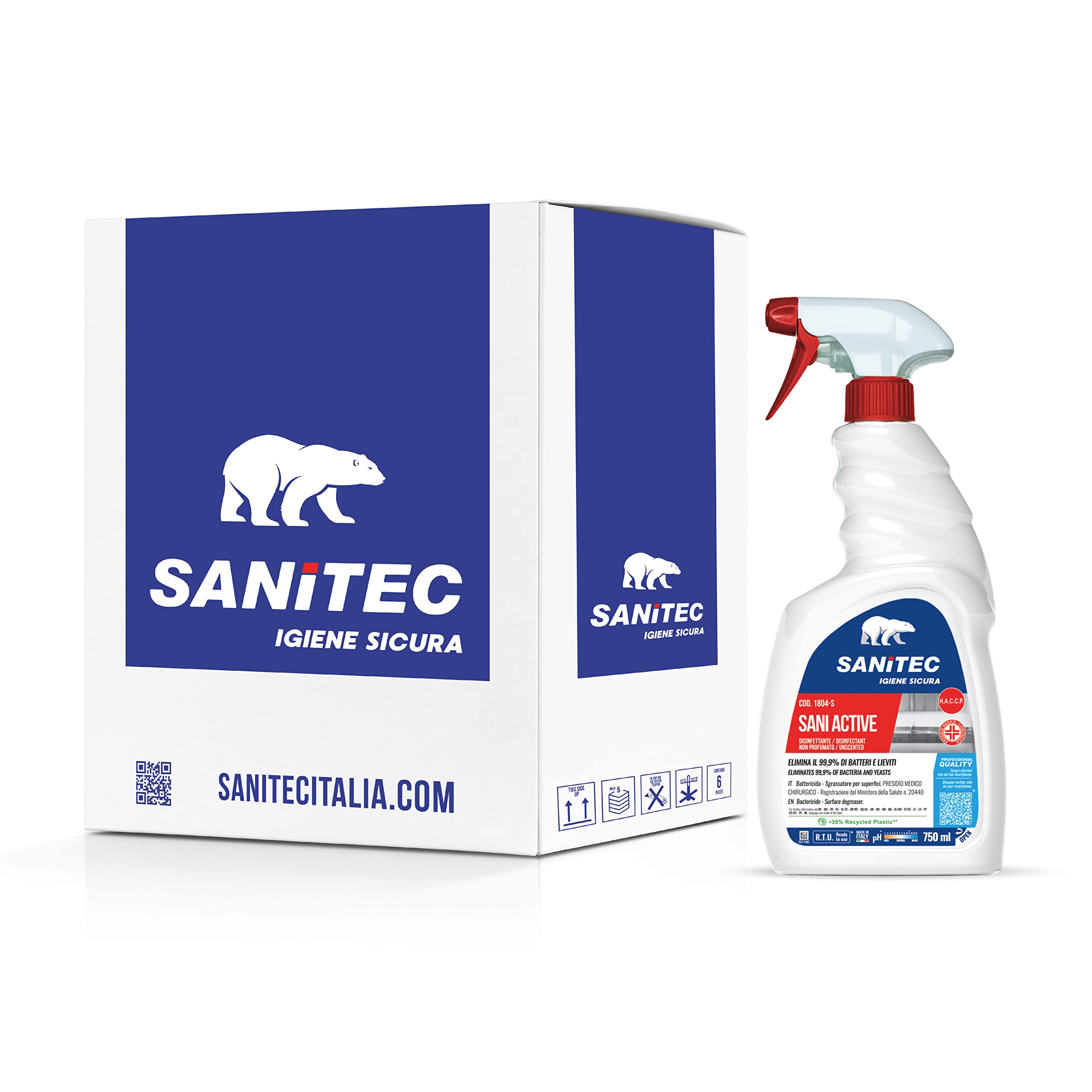 SANITEC igiene sicura Sani Active, Spray Disinfettante Sgrassante Universale,per la Disinfezione di Tutte le Superfici in Cucina, Bagno, Uffici, Ambienti Pubblici e Auto, Made in Italy, 6 Conf, 750 ml