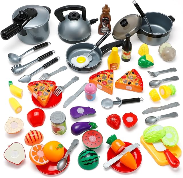 Kitchen Pretend Toys, 45 PCS Theefun Role Play Kids Kitchen Toys Kitchen Accessories Educational Learning Toy Cutting Fruits Food Vegetable Playset, Great Gifts for Boys Girls 3 4 5 6 7 8 Years Old