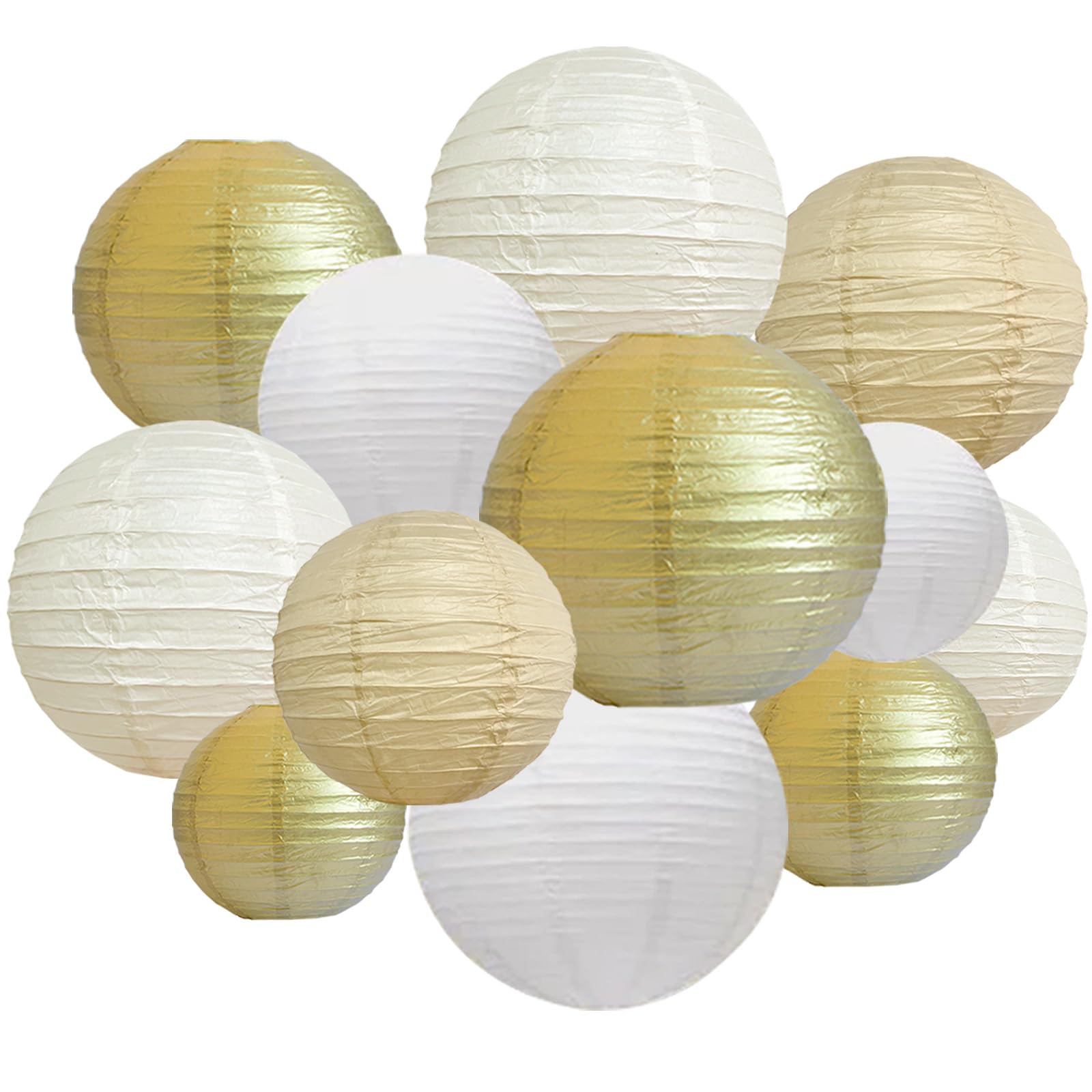 ANSOMO White and Gold Paper Lanterns Party Decorations White Beige Champagne Cream Ivory Wedding Birthday Baby Shower Bridal Chinese Hanging Decor Supplies 12 Pcs 12" 10" 8" 6"