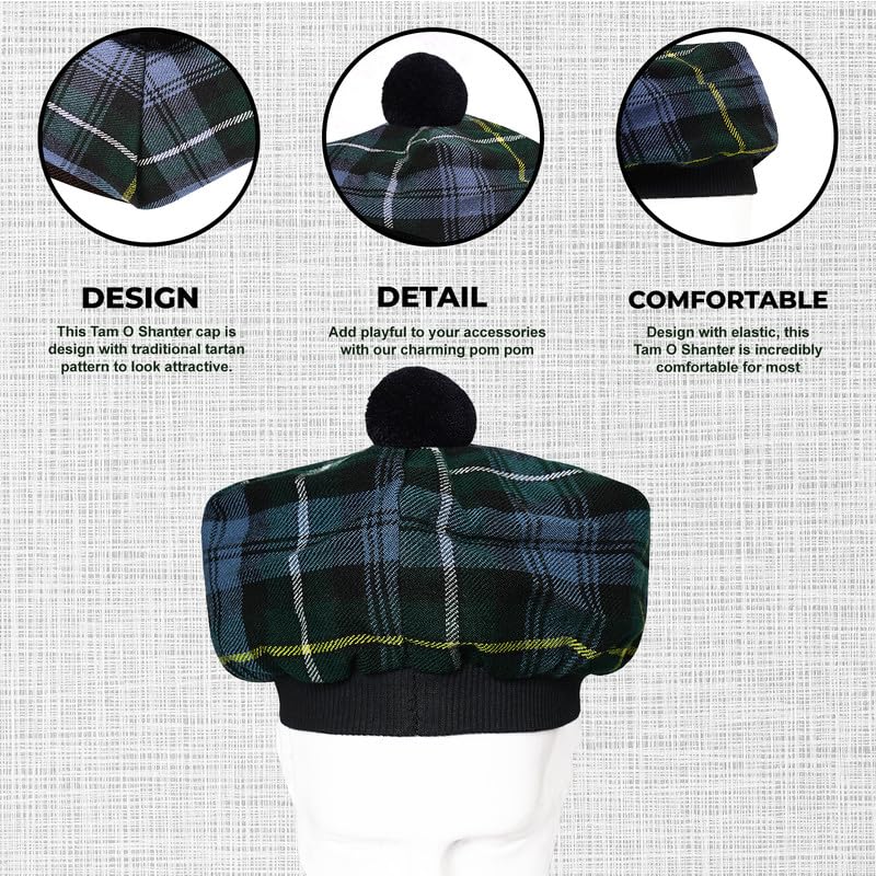 Image of Scottish Tam O' Shanter Hat Tartan Bonnet Pom Pom Wool Flat Cap One Size
