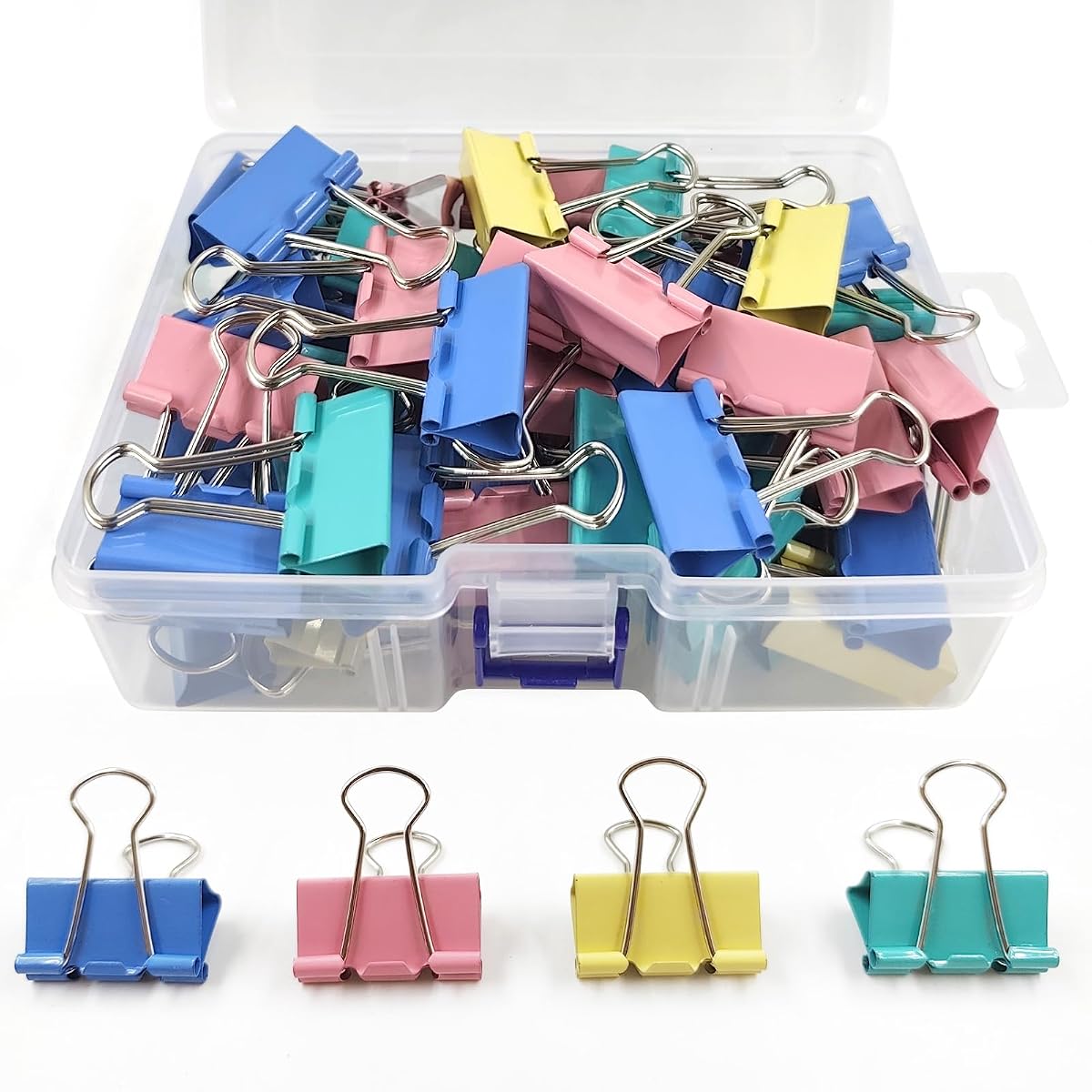60 Pack Binder Clips Medium, 1.25 Inch/32mm Colored Binder Paper Clips with Container, Paper Clamps for Office Supplies, Home, School,Business Document Organizing (Blue, Pink, Yellow, Green)